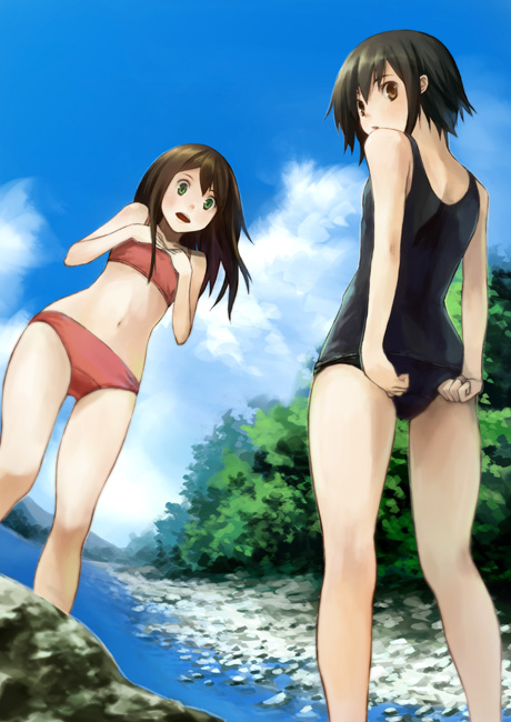 houru, 2girls, ass, bikini, brown hair, day, flat chest, lake, looking back, multiple girls, nature, one-piece swimsuit, school swimsuit, short hair, standing, swimsuit