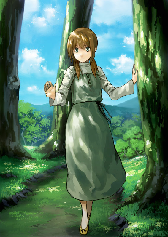 houru, dress, flat chest, forest, nature, solo, tree, twintails