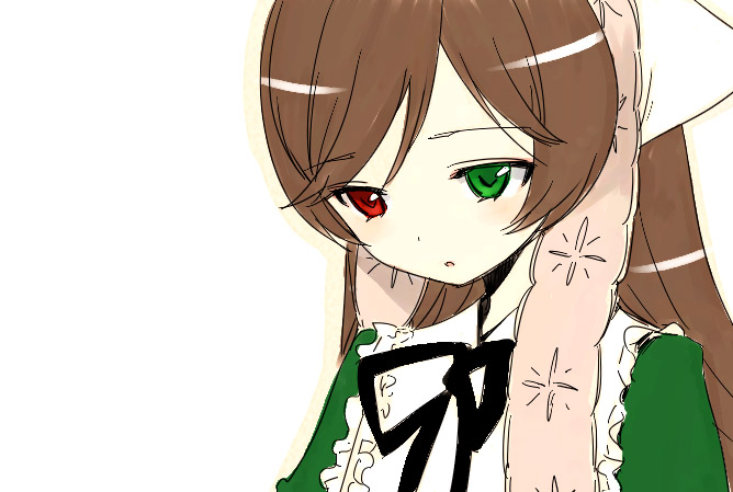 goshiki suzu, suiseiseki, rozen maiden, 00s, 1girl, blush, brown hair, dress, frills, green dress, green eyes, hat, headscarf, heterochromia, lolita fashion, long hair, red eyes, simple background, white background, white headscarf