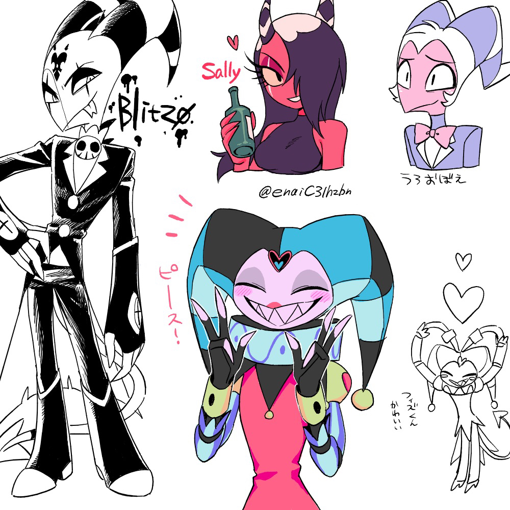 menma (enaic31), blitzo (helluva boss), moxxie (helluva boss), sallie may (helluva boss), hellaverse, helluva boss, commentary request, translation request, 1girl, 3boys, :d, ^ ^, bare shoulders, black eyes, black hair, black horns, black shirt, blue hat, boots, bottle, bow, bowtie, breasts, buttons, character name, closed eyes, closed mouth, coat, colored skin, cropped shoulders, demon boy, demon girl, demon horns, demon tail, facing viewer, fewer digits, fizzarolli (helluva boss), forked tongue, full body, grin, hair over one eye, hand on own hip, hand up, hands up, hat, hat bell, heart, heart arms, high contrast, holding, holding bottle, horns, jester, jester cap, knee boots, long hair, long sleeves, looking at viewer, multicolored hair, multicolored horns, multiple boys, neck ruff, notice lines, one eye covered, open mouth, pants, red bow, red bowtie, red shirt, red skin, roots (hair), scar, scar across eye, scar across eyes, scar on face, sharp teeth, shirt, short hair, simple background, sleeveless, sleeveless shirt, sleeveless turtleneck, small breasts, smile, striped horns, tail, teeth, tongue, tongue out, traditional bowtie, turtleneck, turtleneck shirt, twitter username, two-tone hair, two-tone horns, upper body, v-shaped eyebrows, very short hair, white background, white hair, white horns, white skin