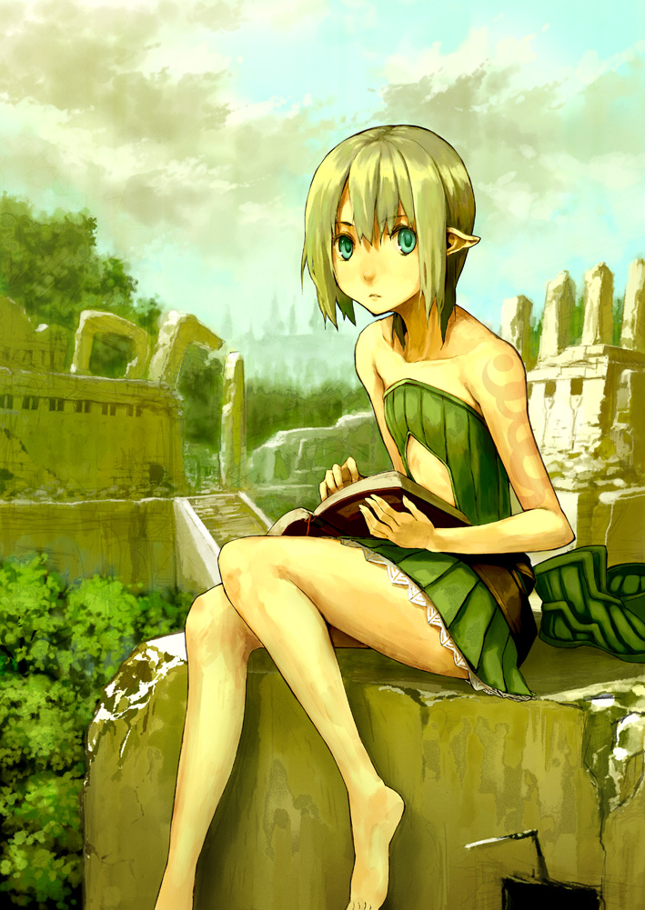 houru, original, 1girl, aqua eyes, barefoot, bodypaint, book, cloud, day, elf, feet, female focus, flat chest, green hair, nature, open book, outdoors, pointy ears, reading, ruins, scenery, shoes, solo, unworn shoes