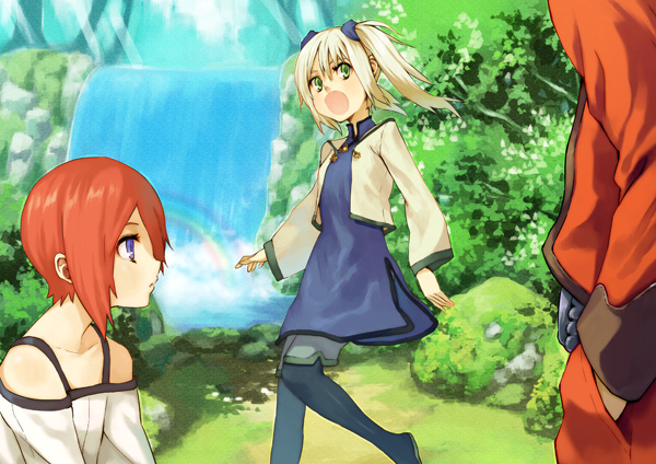 houru, original, 1boy, 2girls, flat chest, multiple girls, nature, pantyhose, rainbow, red hair, twintails, water, waterfall
