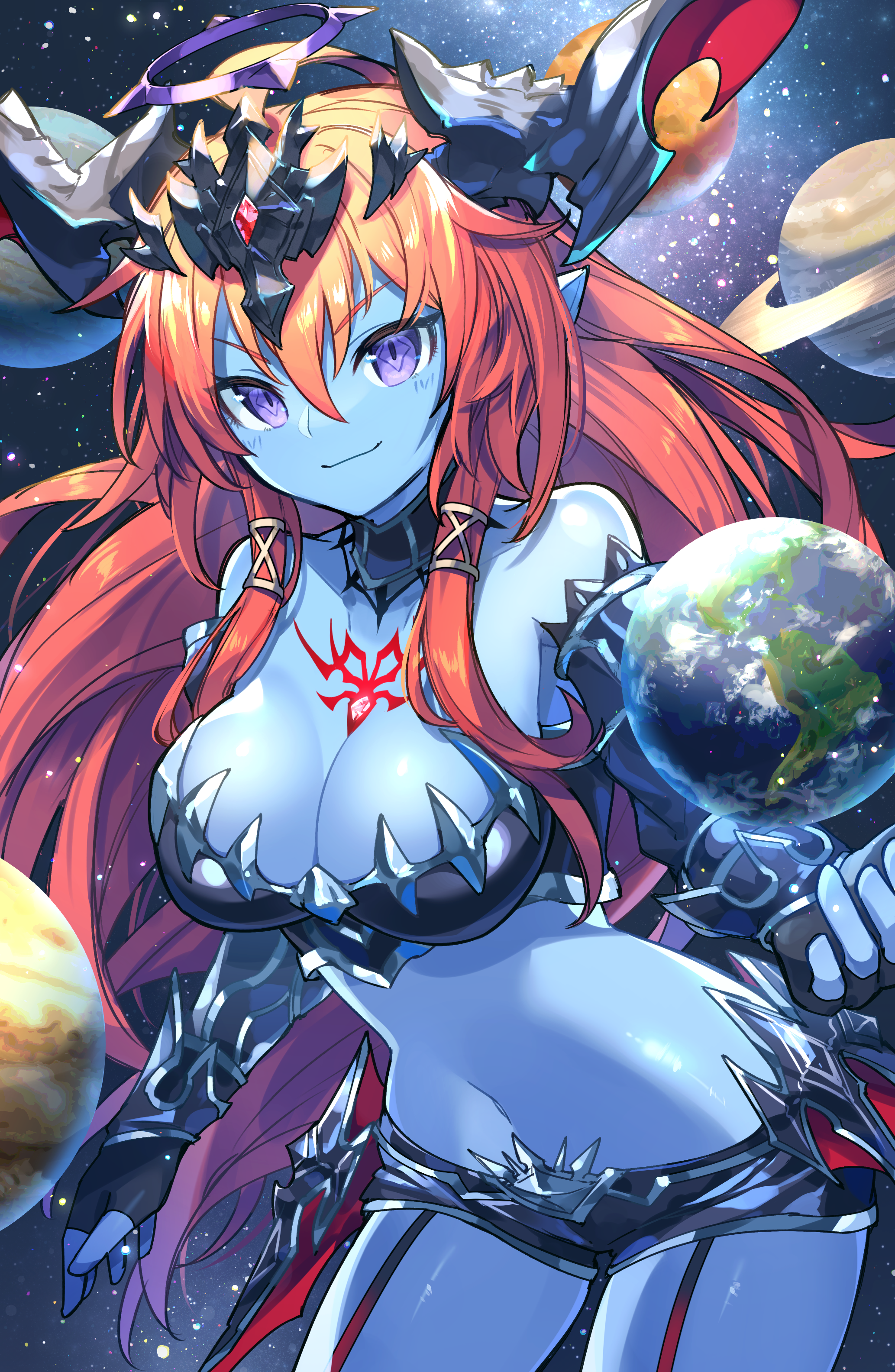 kuuron (moesann17), hera (p&d), puzzle & dragons, absurdres, highres, 1girl, blue skin, breasts, cleavage, colored skin, demon girl, demon horns, earth (planet), giant, giantess, halo, horns, large breasts, navel, orange hair, planet, pointy ears, saturn (planet), short shorts, shorts, solo, spiked halo, tiara
