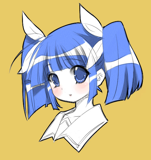 goshiki suzu, suzuki sayaka, pani poni dash!, 00s, blue hair, blush, monochrome, ribbon, school uniform, serafuku, solo, twintails