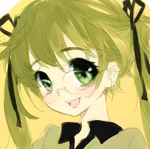 goshiki suzu, lowres, 1girl, black ribbon, black shirt, blonde hair, collared shirt, female focus, glasses, green eyes, hair ribbon, looking at viewer, open mouth, portrait, ribbon, shirt, simple background, solo, tareme, teeth, twintails, upper teeth only, yellow background