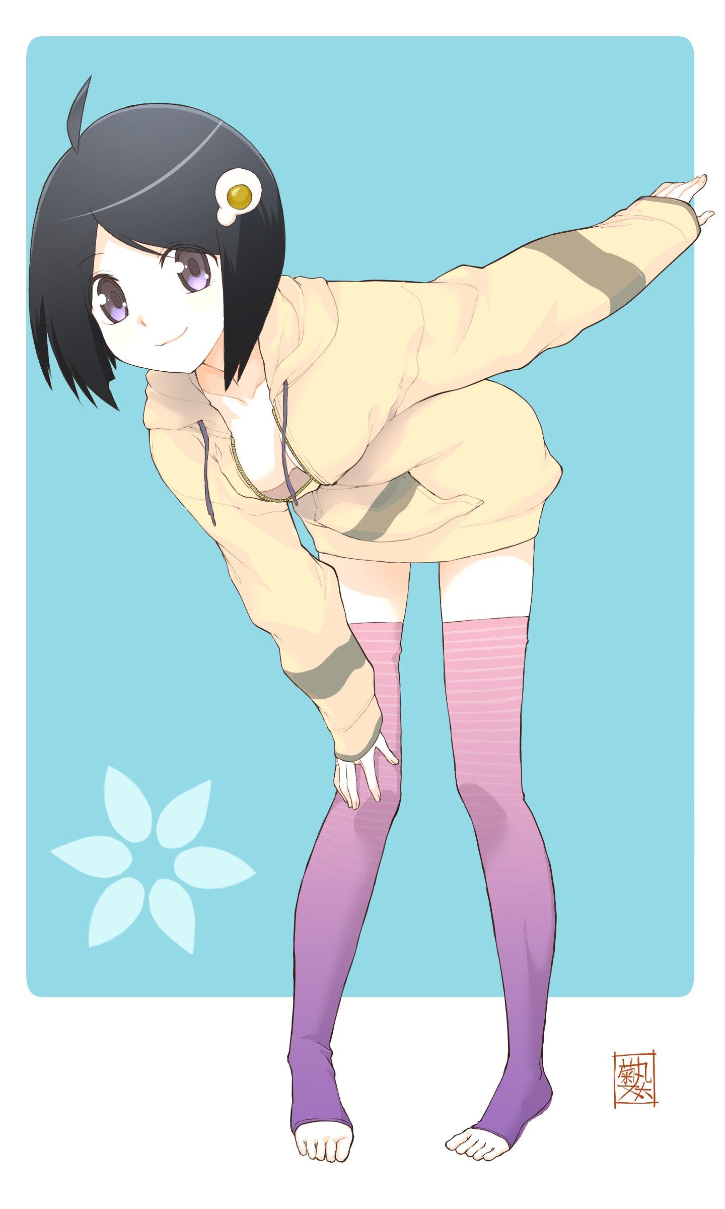 kikumaru bunta, araragi tsukihi, monogatari (series), absurdres, commentary, highres, translated, 1girl, :3, ahoge, aqua background, artist name, bent over, black hair, blunt ends, bob cut, border, borrowed clothes, breasts, cleavage, closed mouth, collarbone, drawstring, egg hair ornament, feet, food-themed hair ornament, fried egg, full body, hair ornament, hand on own knee, hood, hood down, hoodie, inverted bob, leaning forward, light smile, looking at viewer, medium breasts, naked hoodie, no pants, outside border, outstretched arm, pale skin, partially unzipped, pigeon-toed, purple eyes, purple thighhighs, short hair, signature, sleeves past wrists, smile, solo, standing, swept bangs, thighhighs, toeless legwear, toes, white border