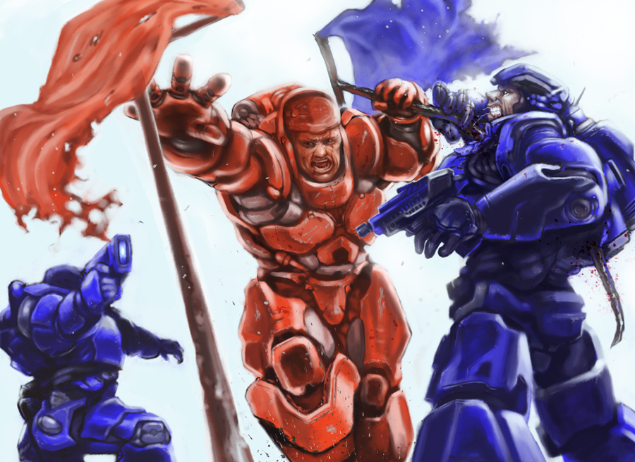 kikai (akita morgue), 3boys, armor, flag, gun, male focus, multiple boys, weapon