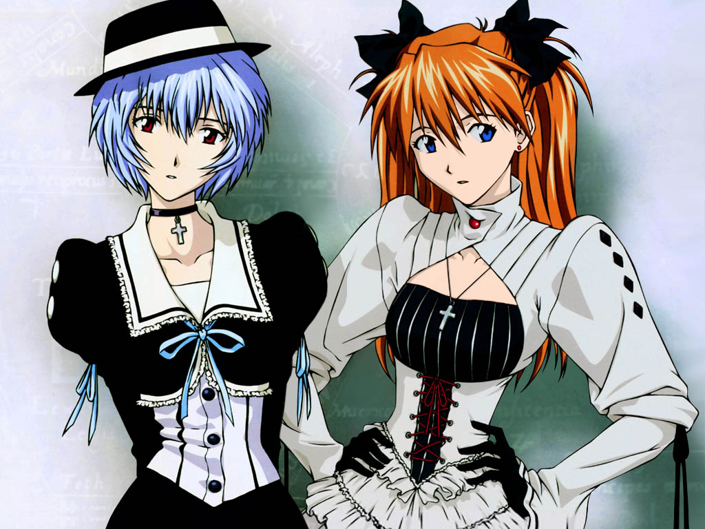 ayanami rei, souryuu asuka langley, neon genesis evangelion, cross, gloves, gothic lolita, hat, lolita fashion