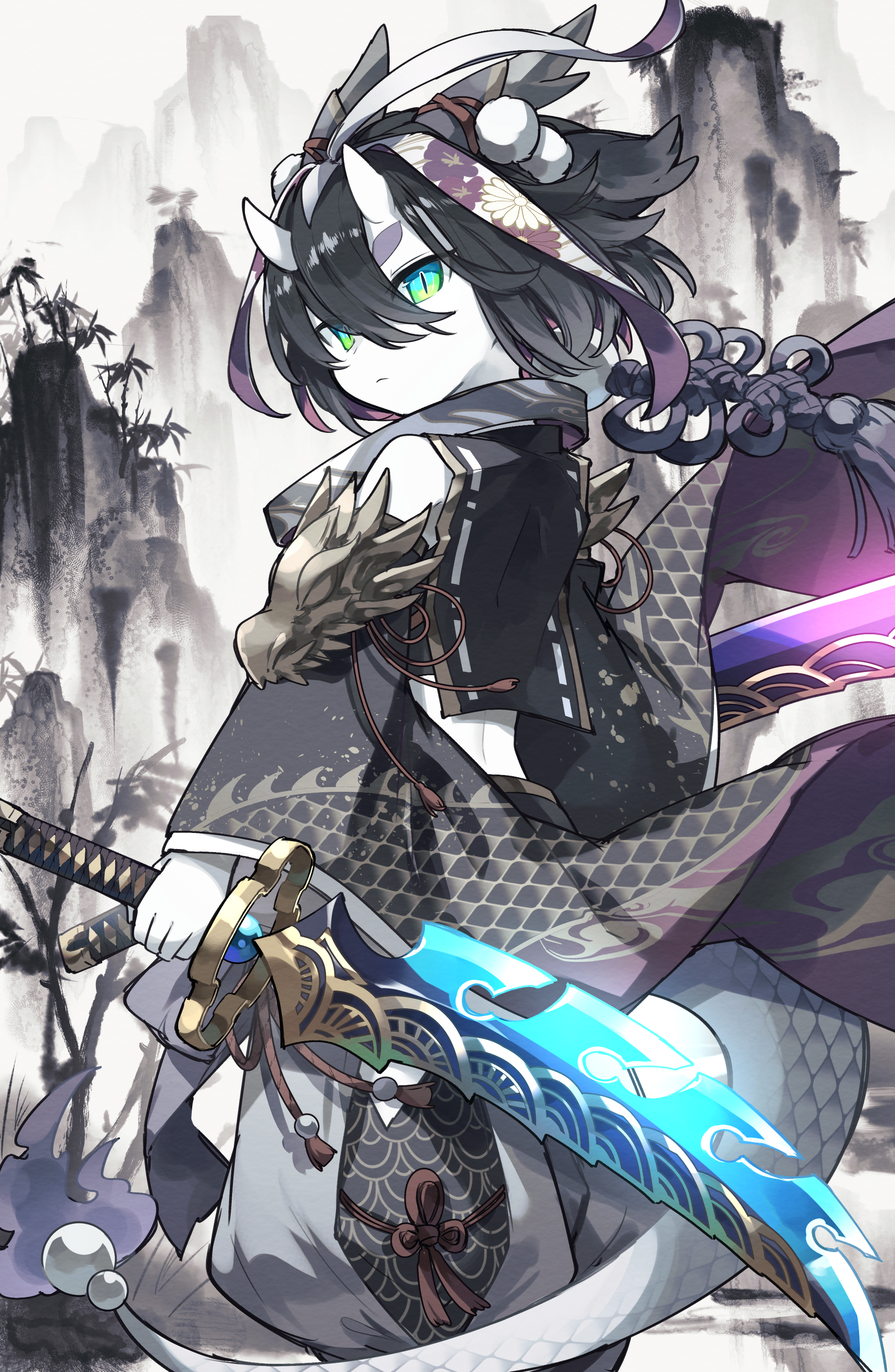 kuuron (moesann17), puzzle & dragons, absurdres, highres, 1girl, black hair, dragon girl, dragon horns, dragon tail, green eyes, hill, horns, japanese clothes, sagiri (p&d), scale print, short hair, short sword, solo, sword, tail, weapon