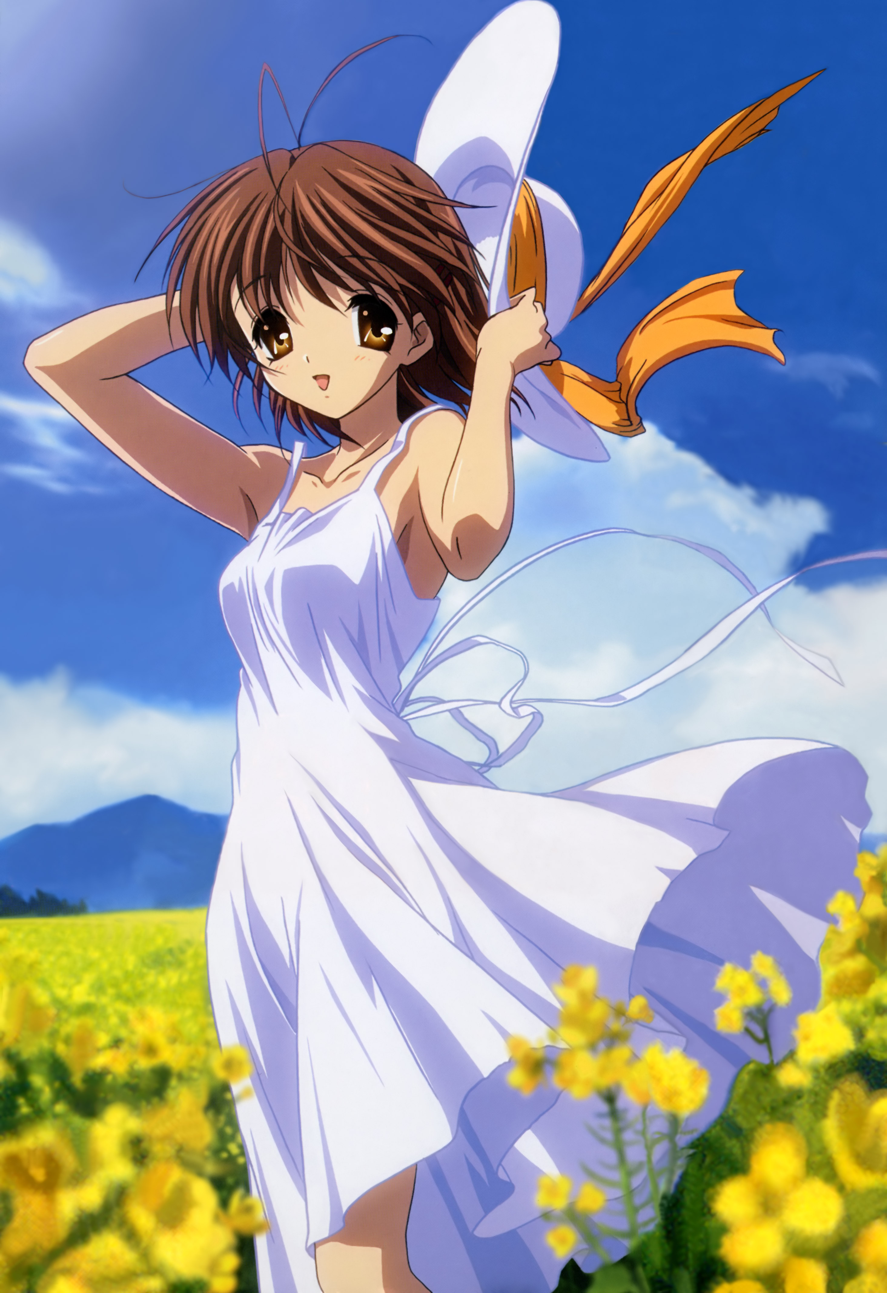 furukawa nagisa, clannad, absurdres, highres, official art, 00s, 1girl, :d, antenna hair, arms up, bare arms, blurry, brown eyes, brown hair, cloud, day, depth of field, dress, female focus, field, flower, flower field, hat, hat ribbon, holding, holding unworn clothes, holding unworn hat, looking at viewer, open mouth, outdoors, ribbon, sky, sleeveless, sleeveless dress, smile, solo, sun hat, sundress, unworn hat, unworn headwear, white dress, wind