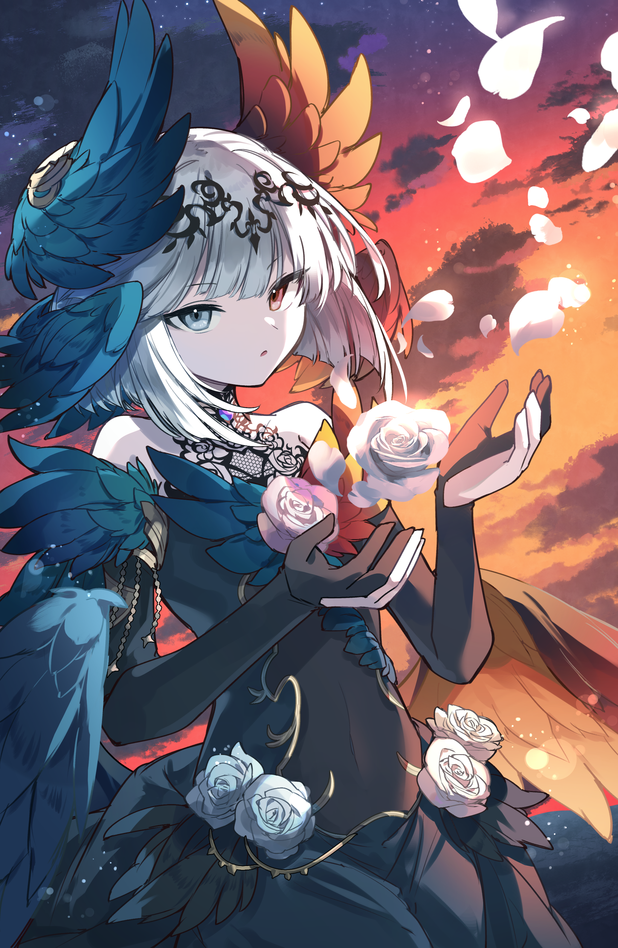 kuuron (moesann17), reeche (p&d), puzzle & dragons, absurdres, highres, 1girl, black dress, bridal gauntlets, dress, evening, flower, grey wings, head wings, headpiece, heterochromia, orange wings, petals, red eyes, rose, rose petals, short hair, solo, white eyes, white flower, white hair, white rose, wings
