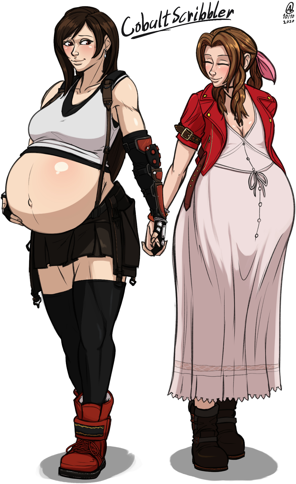 a0iisa, aerith gainsborough, tifa lockhart, final fantasy, final fantasy vii, final fantasy vii remake, highres, 2girls, blush, boots, breasts, cleavage, closed eyes, earrings, female focus, fingerless gloves, full body, gloves, holding hands, jewelry, large breasts, long hair, looking at another, multiple girls, navel, pregnant, thighhighs, yuri