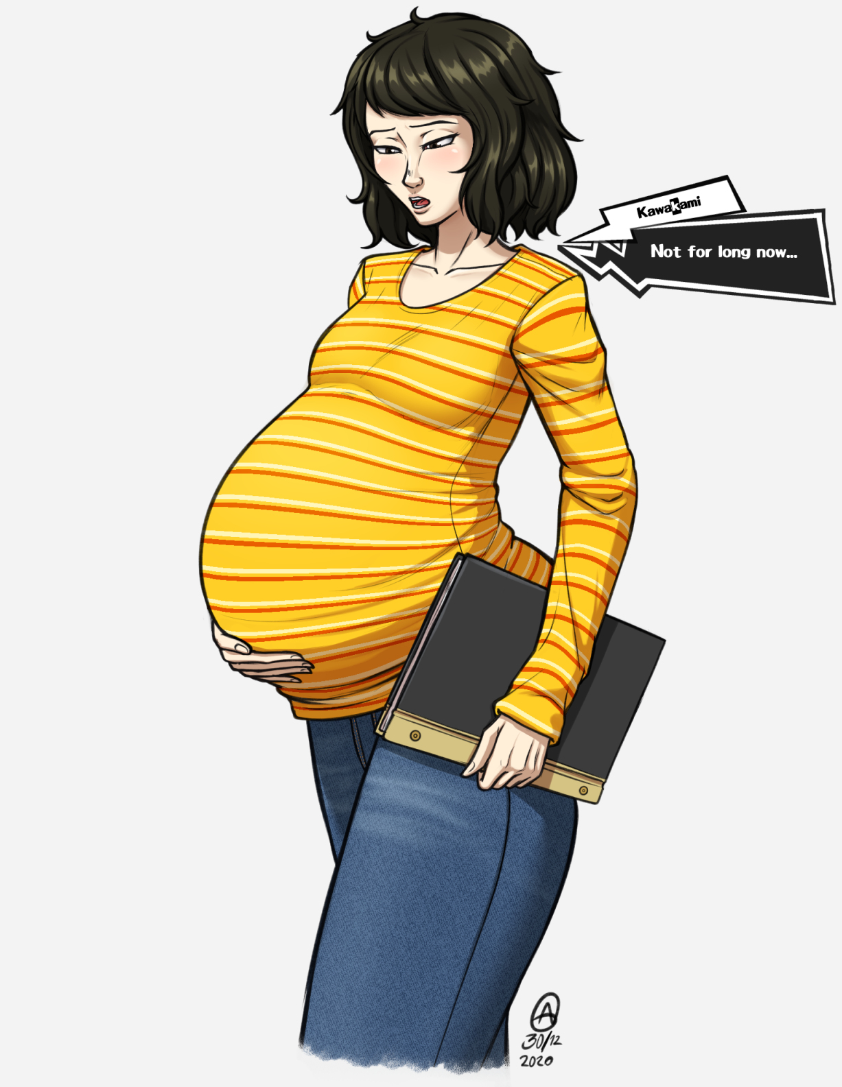 a0iisa, kawakami sadayo, persona, persona 5, highres, 1girl, blush, breasts, female focus, medium breasts, pregnant, shirt, short hair, solo, speech bubble, striped clothes, striped shirt