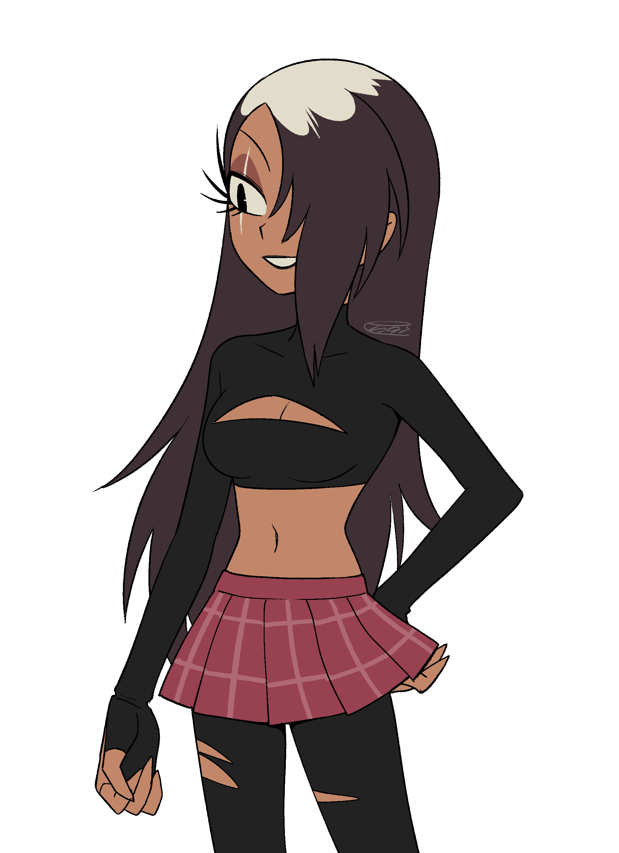 menma (enaic31), sallie may (helluva boss), hellaverse, helluva boss, absurdres, commentary request, highres, 1girl, :d, arm at side, black eyes, black gloves, black hair, black lips, black pantyhose, black shirt, breasts, cleavage, cleavage cutout, clothing cutout, cowboy shot, crop top, cropped shirt, dark-skinned female, dark skin, fingerless gloves, flat color, gloves, grin, hair down, hair over one eye, hand on own hip, humanization, long hair, long sleeves, looking to the side, lower eyelashes only, medium breasts, midriff, miniskirt, multicolored hair, no pupils, official alternate costume, official alternate hairstyle, one eye covered, open mouth, pantyhose, plaid clothes, plaid skirt, pleated skirt, red skirt, roots (hair), shirt, signature, simple background, skirt, smile, solo, standing, straight hair, torn clothes, torn pantyhose, turtleneck, turtleneck shirt, two-tone hair, very long hair, white background, white hair