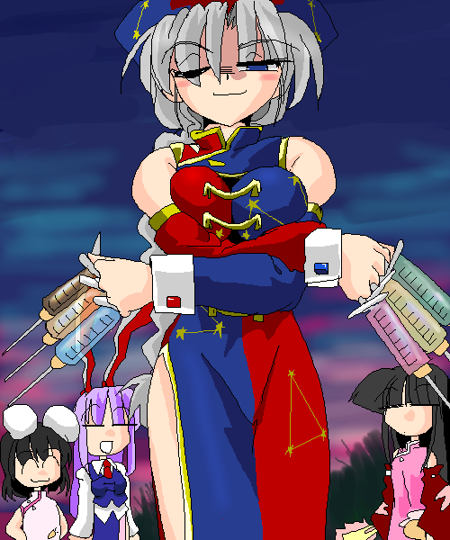 kieyza, houraisan kaguya, inaba tewi, reisen udongein inaba, yagokoro eirin, touhou, 4girls, animal ears, asymmetrical clothes, between fingers, cloud, female focus, holding, multiple girls, outdoors, plant, rabbit ears, sky, standing, syringe, syringe claws, white hair