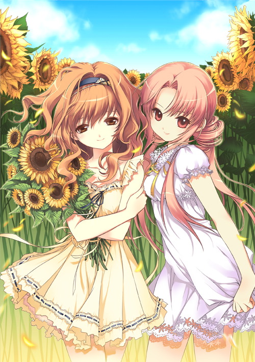 shirahane nao, dmyotic, original, bad id, bad pixiv id, 2girls, bouquet, brown eyes, brown hair, cloud, day, dress, field, flower, flower field, hairband, long hair, multiple girls, pink eyes, pink hair, sky, smile, standing, sundress, sunflower, sunflower field