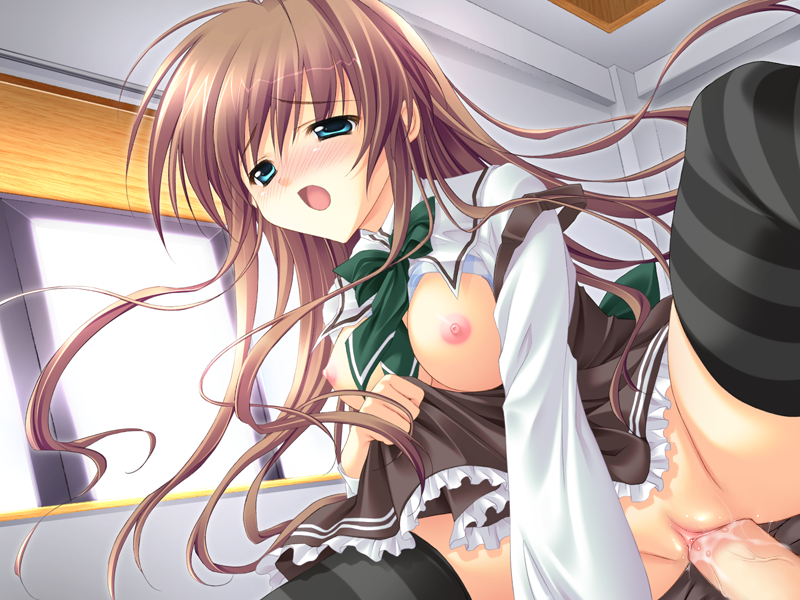 ryouka (suzuya), nagase minato, akane-iro ni somaru saka, 1girl, blue bra, blush, bow, bra, bra lift, breasts, brother and sister, brown hair, clothed sex, cowgirl position, girl on top, incest, long hair, nipples, penis, plaid bra, plaid clothes, school uniform, serafuku, sex, siblings, solo focus, straddling, striped clothes, striped thighhighs, thighhighs, thighs, uncensored, underwear, vaginal