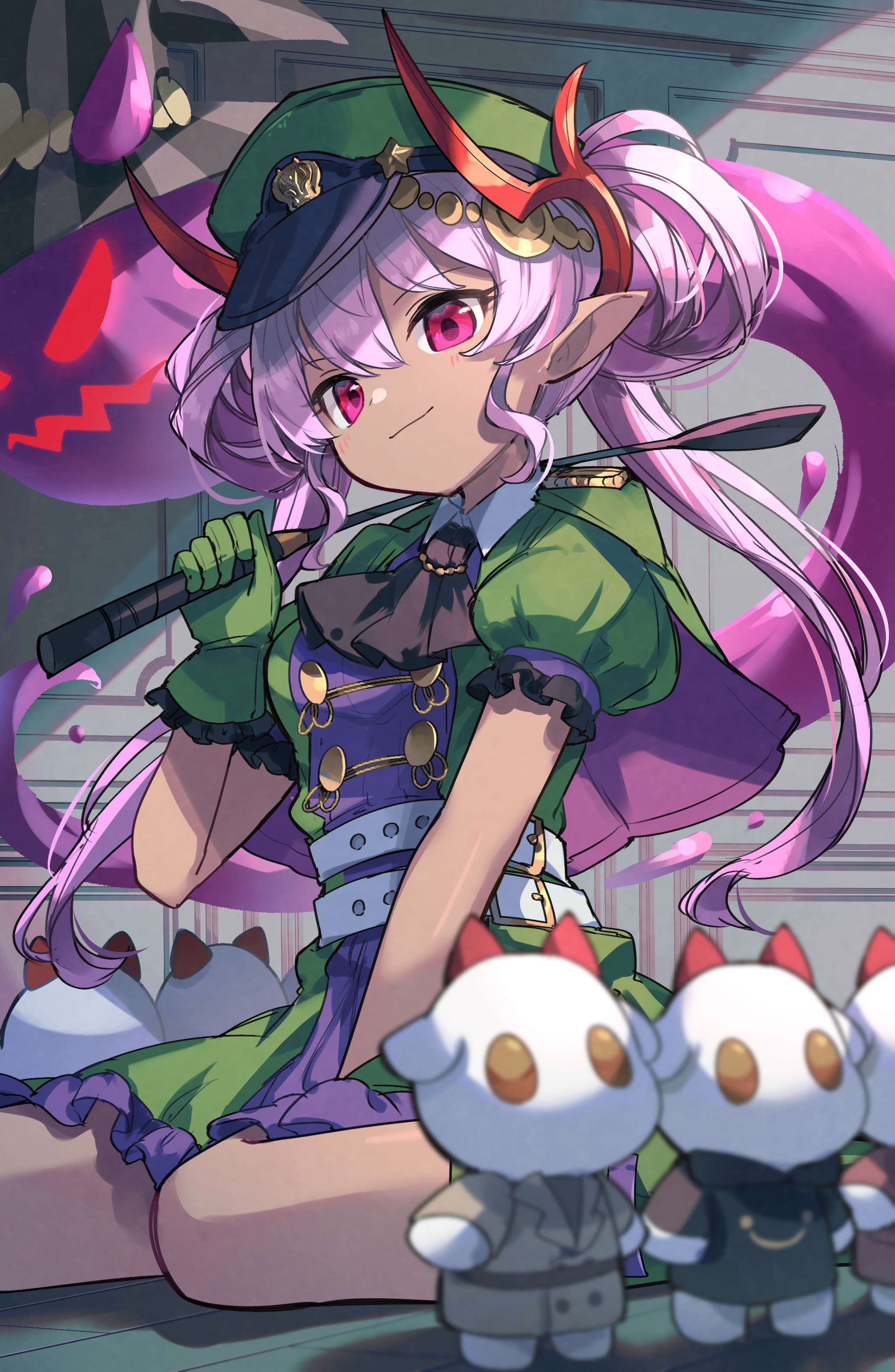 kuuron (moesann17), veroah (p&d), puzzle & dragons, absurdres, highres, 1girl, belt, breasts, dark-skinned female, dark skin, gloves, hair between eyes, hat, holding, holding whip, horns, military hat, military uniform, peaked cap, pink hair, pointy ears, purple eyes, purple hair, small breasts, smile, solo, twintails, whip
