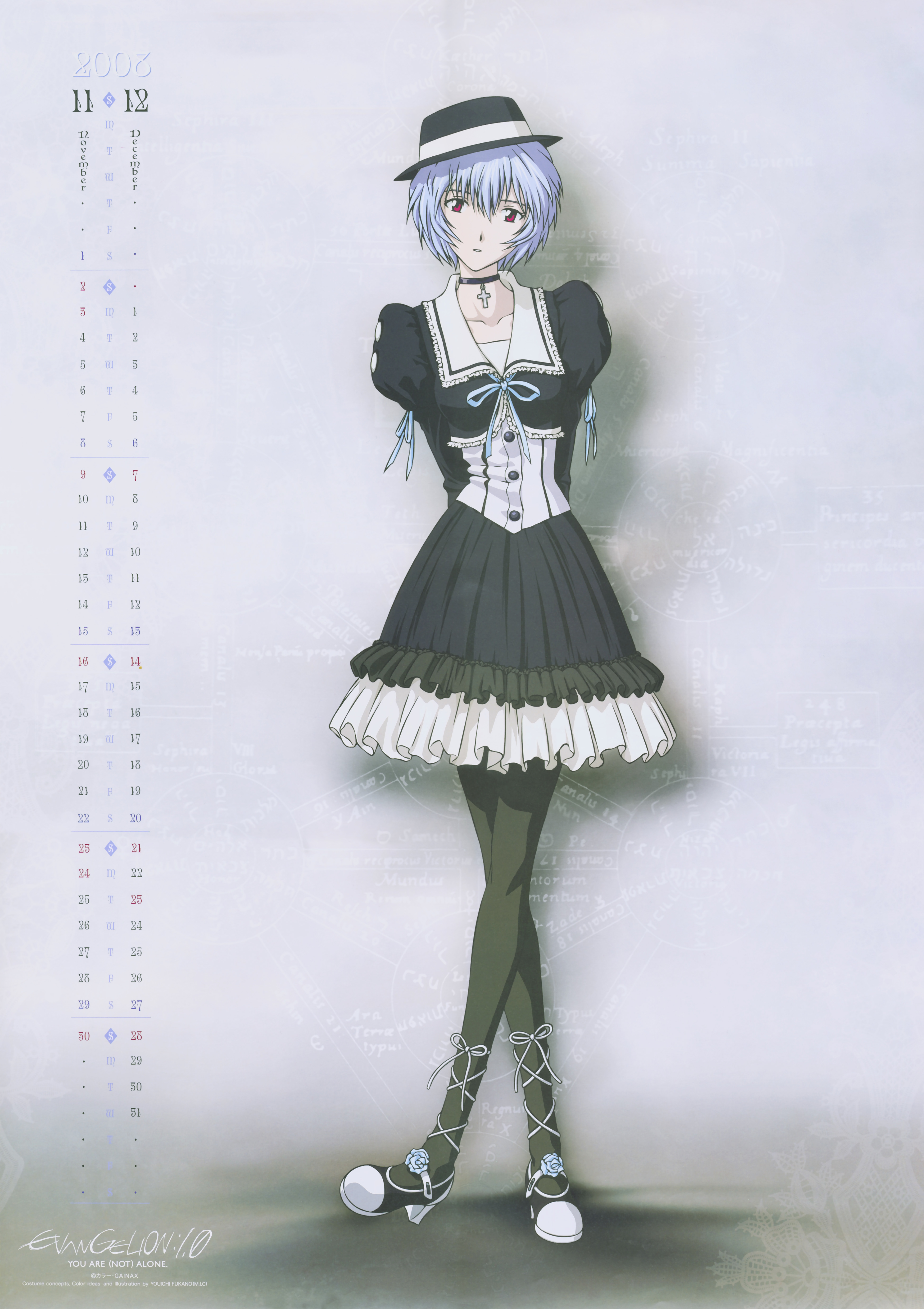 fukano youichi, ayanami rei, evangelion: 1.0 you are (not) alone, neon genesis evangelion, rebuild of evangelion, absurdres, highres, official art, scan, 00s, 2008, black pantyhose, blue hair, bow, calendar, choker, cross, december, dress, flower, frills, gothic lolita, hat, latin cross, lolita fashion, november, pantyhose, porkpie hat, puffy sleeves, red eyes, ribbon, short hair, solo
