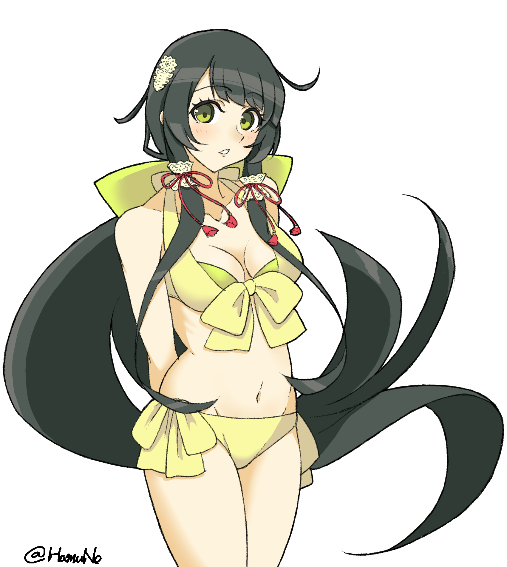hamuno, mizuho (kancolle), mizuho (swimsuit) (kancolle), kantai collection, highres, 1girl, bikini, black hair, blush, breasts, cleavage, flower, green bikini, green eyes, grey eyes, hair ornament, hair ribbon, hair tubes, long hair, looking at viewer, medium breasts, morning glory, ribbon, sidelocks, smile, solo, swimsuit, tress ribbon, very long hair, white background