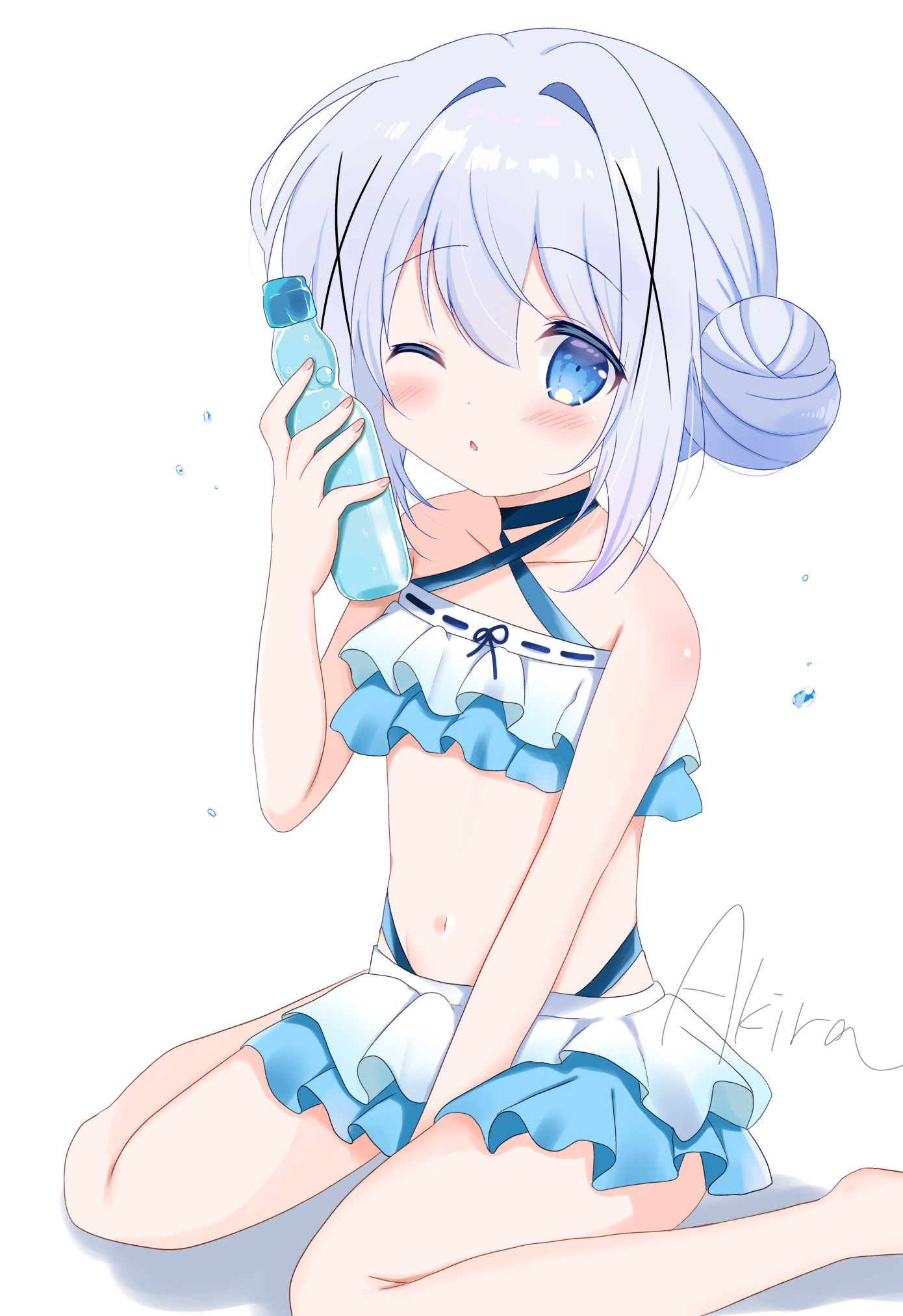 akira (aki raoo), kafuu chino, gochuumon wa usagi desu ka?, highres, 1girl, bare arms, bare legs, bare shoulders, barefoot, bikini, bikini skirt, blue bikini, blue eyes, blue hair, double bun, foot out of frame, frilled bikini, frills, hair between eyes, hair bun, hair ornament, holding, looking at viewer, navel, one eye closed, simple background, sitting, solo, stomach, swimsuit, white background, x hair ornament