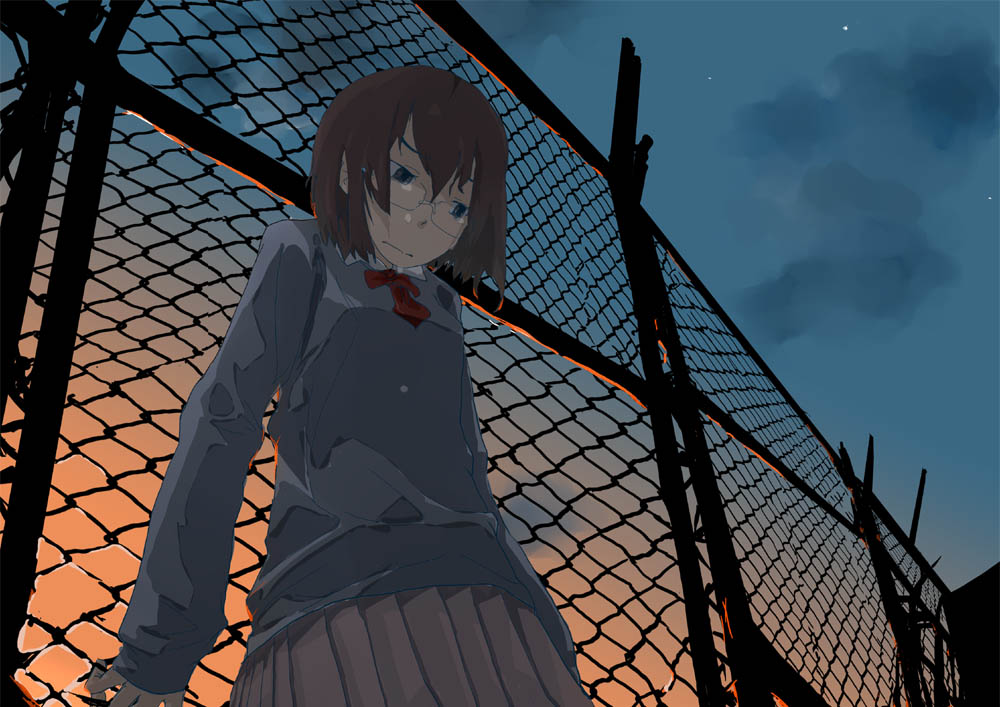 keisan, original, 1girl, chain-link fence, dusk, evening, female focus, fence, glasses, school uniform, serafuku, sky, solo, sunset