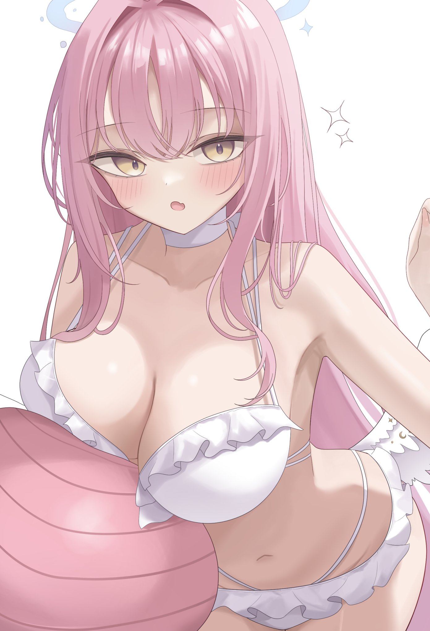 non non427, mika (blue archive), mika (swimsuit) (blue archive), blue archive, highres, 1girl, bikini, blush, breasts, cleavage, collarbone, feathers, halo, long hair, low wings, navel, open mouth, pink hair, solo, stomach, swimsuit, white background, white bikini, white feathers, wings, yellow eyes