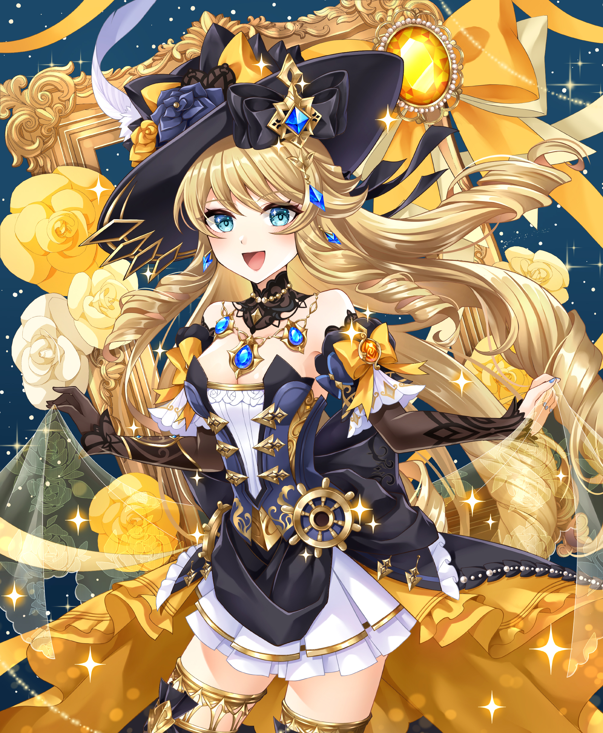 ankoro, navia (genshin impact), genshin impact, absurdres, commentary, highres, 1girl, bare shoulders, black gloves, black hat, black sleeves, blonde hair, blue eyes, blue gemstone, blue nails, blush, bow, breasts, detached sleeves, drill hair, earrings, fingernails, flower, gem, gloves, hat, hat flower, jewelry, long hair, looking at viewer, nail polish, open mouth, ship's wheel ornament, showgirl skirt, single glove, solo, star (symbol), star in eye, symbol in eye, very long hair, yellow bow, yellow flower, yellow gemstone