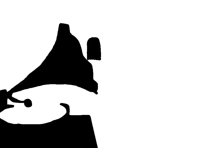 akyuu's untouched score, alstroemeria records, touhou, non-web source, bad apple!!, greyscale, lost media, monochrome, phonograph, recreation, shelf, silhouette, white background, window