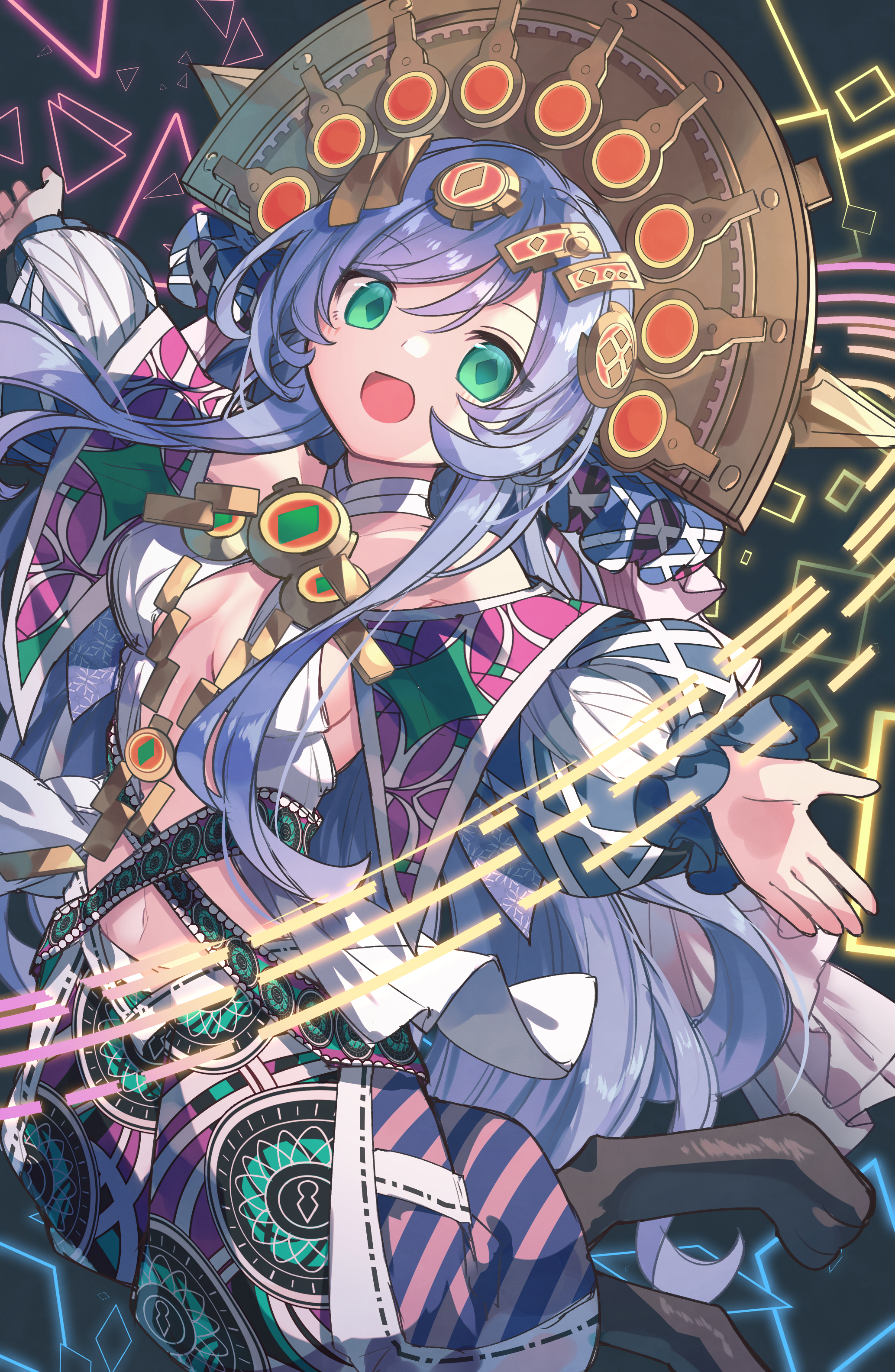 kuuron (moesann17), puzzle & dragons, absurdres, highres, 1girl, animal legs, bandaged neck, bandages, bare shoulders, blue hair, breasts, cleavage, cleavage cutout, clothing cutout, green eyes, hair between eyes, headpiece, long hair, looking at viewer, navel, open hands, open mouth, outstretched arms, puffy pants, puffy sleeves, robe, saphira (p&d), small breasts, solo, spread arms, white robe