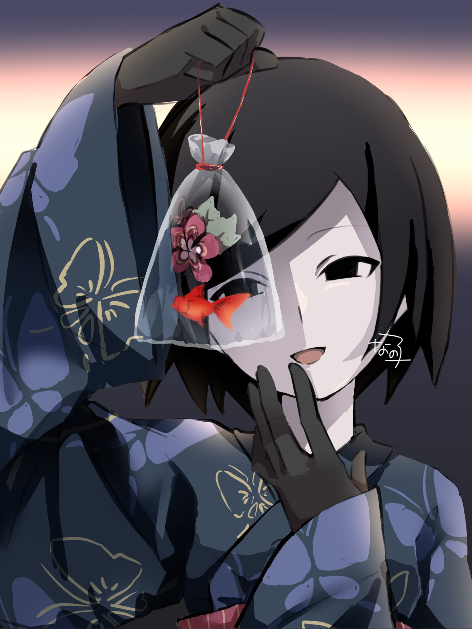 oshino ougi, monogatari (series), commentary, highres, translated, 1girl, :d, animal, animal print, artist name, bag, black eyes, black gloves, blue kimono, bob cut, butterfly print, butterfly print kimono, clenched hand, close-up, empty eyes, fish, gloves, goldfish, gradient background, grey background, hand up, holding, holding animal, holding bag, holding fish, japanese clothes, kimono, long sleeves, looking at animal, nano-tan (sakuta sakuzi), narrowed eyes, obi, open mouth, orange background, pale skin, plastic bag, print kimono, red sash, sash, short hair, signature, smile, solo, swept bangs, wide sleeves