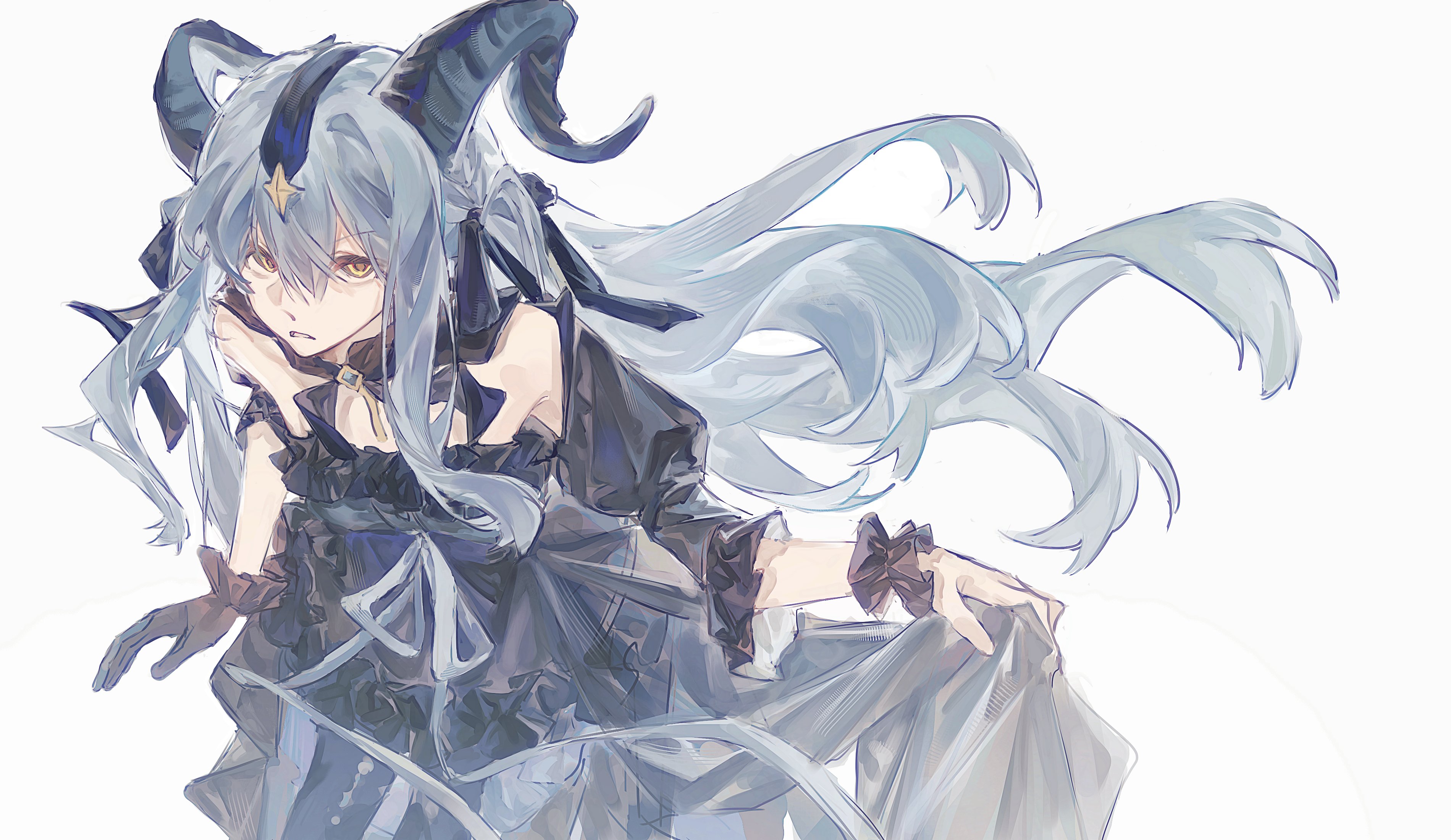 togawa sakiko, arknights, bang dream!, bang dream! it's mygo!!!!!, absurdres, commentary, hashtag-only commentary, highres, 1girl, asymmetrical sleeves, bare shoulders, black dress, black gloves, black horns, black ribbon, blue hair, cowboy shot, curled horns, detached collar, dress, ethylene, gloves, hair ribbon, horns, long hair, looking at viewer, official alternate costume, ribbon, sidelocks, simple background, single glove, skirt hold, solo, standing, togawa sakiko (master of melodia), white background, wrist cuffs, yellow eyes