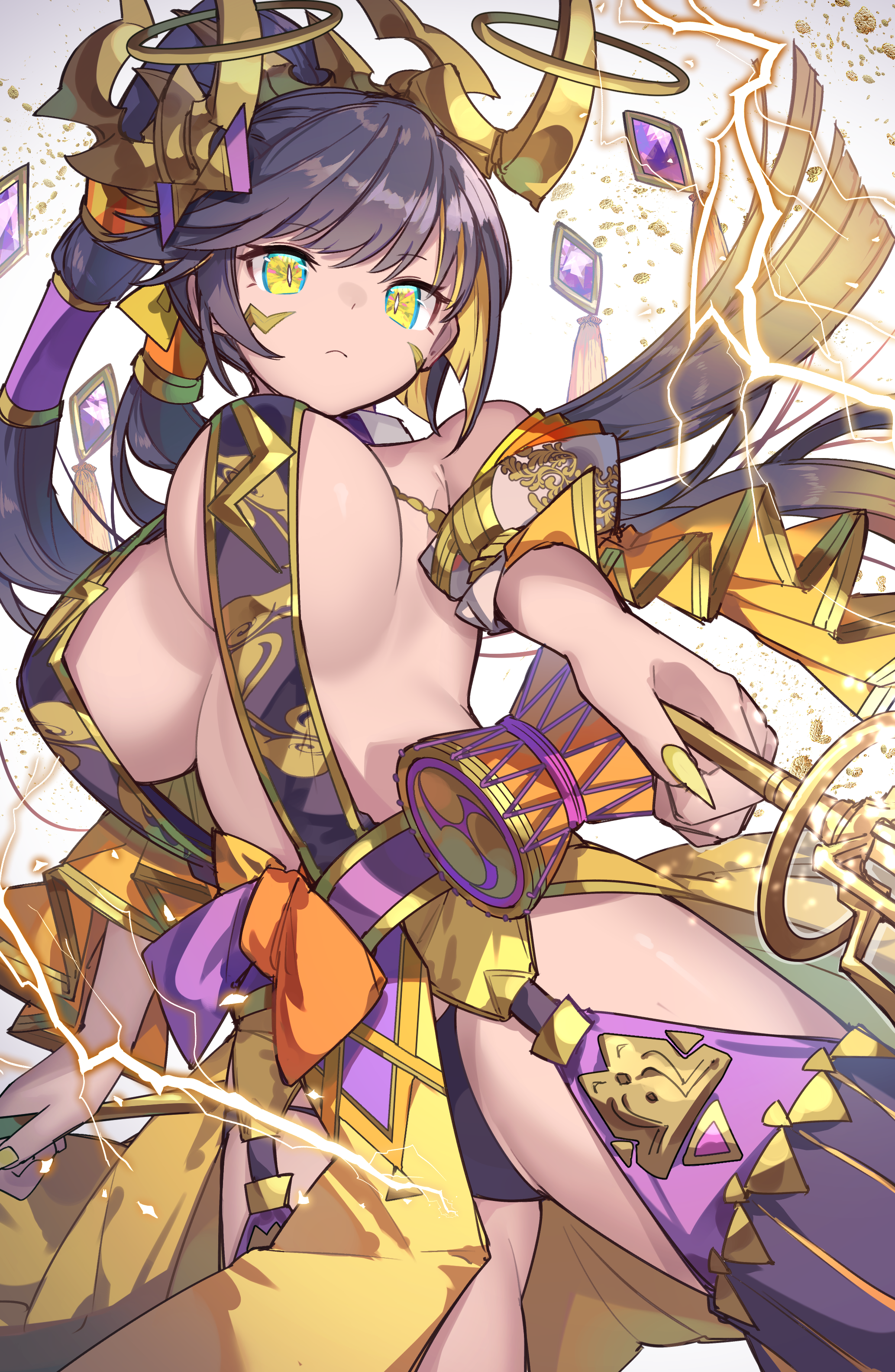 kuuron (moesann17), raijin (p&d), puzzle & dragons, absurdres, highres, 1girl, ancient egyptian clothes, breasts, cleavage, closed mouth, dark-skinned female, dark skin, fingernails, gem, large breasts, lightning, long hair, nail polish, pelvic curtain, ponytail, purple gemstone, purple hair, sharp fingernails, solo, underboob, very long hair, yellow eyes, yellow nails
