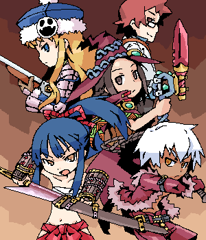 bushidou (sekaiju), bushidou 2 (sekaiju), dark hunter, dark hunter (sekaiju), dark hunter 3, doctor magus, doctor magus 2, gunner (sekaiju), gunner 2 (sekaiju), jack frost (megami tensei), medic (sekaiju), medic 1 (sekaiju), atlus, etrian odyssey, lowres, 2boys, 3girls, angry, armband, armor, belt, black hair, blue eyes, blue hair, braid, brown eyes, clothing cutout, coat, dark-skinned male, dark skin, everyone, fantasy, fighting stance, flat chest, frown, fur trim, gem, glasses, gloves, grin, gun, hakama, hakama skirt, hat, hip vent, holding, jacket, japanese clothes, katana, knife, long hair, looking at viewer, lowleg, midriff, multiple boys, multiple girls, navel, oekaki, open clothes, open jacket, orange eyes, pectorals, ponytail, profile, red eyes, red hair, rope, sarashi, sheath, short hair, shorts, side braid, sidelocks, skirt, smile, smiley face, staff, sword, unsheathing, weapon, white hair, witch hat, yellow eyes