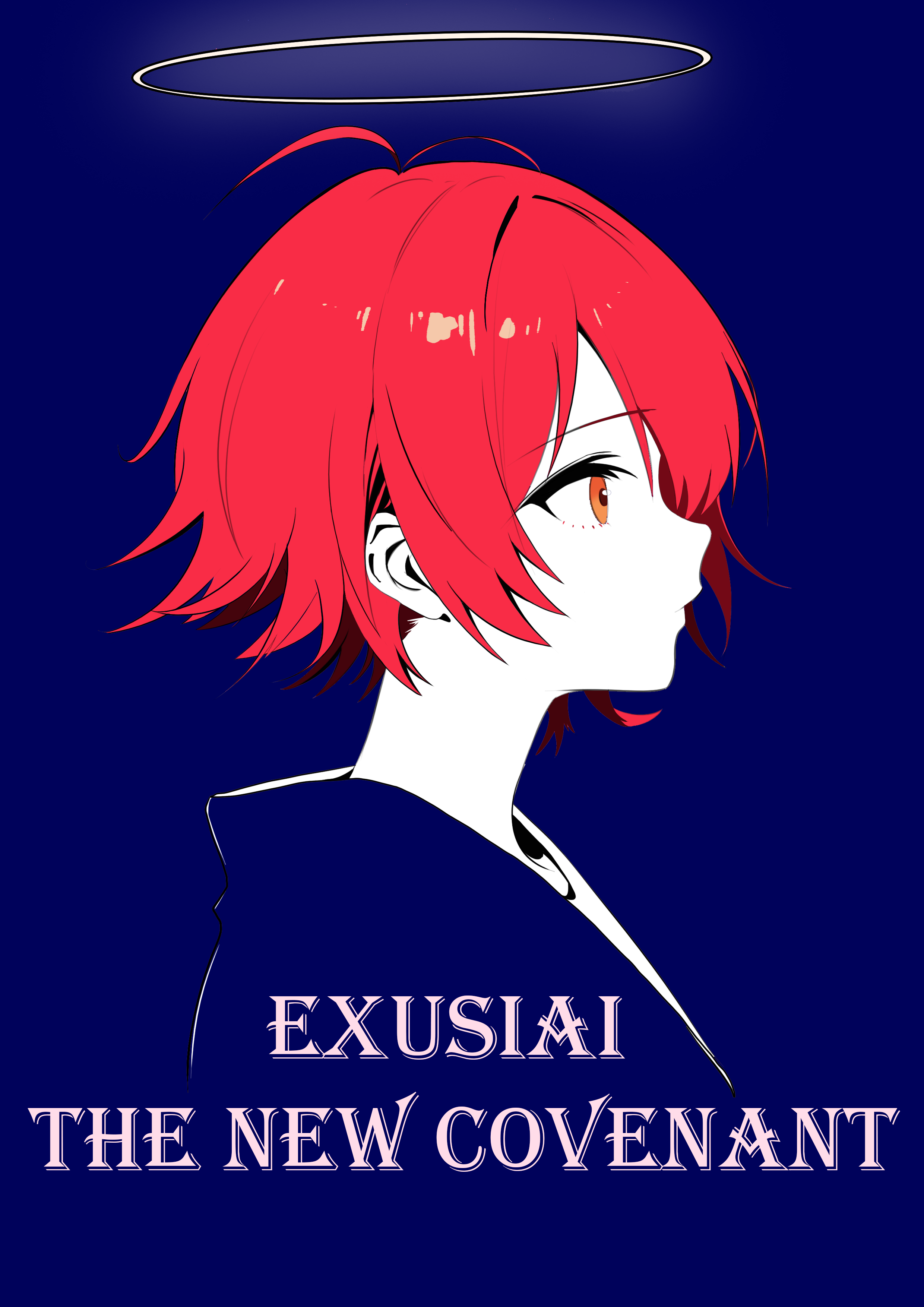 sui wo qing shan qu, exusiai (arknights), arknights, absurdres, chinese commentary, commentary request, highres, 1girl, blue background, character name, closed mouth, cropped torso, expressionless, from side, hair over one eye, halo, limited palette, red hair, short hair, simple background, solo, traditional halo, yellow halo