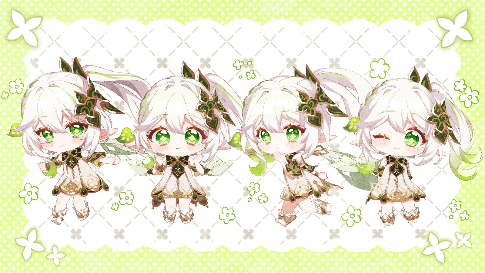moco (moco 8854), nahida (genshin impact), genshin impact, commentary request, highres, 1girl, ;), bare shoulders, blush, cape, chibi, chibi only, closed mouth, detached sleeves, dress, gold trim, gradient hair, green cape, green eyes, green hair, green sleeves, hair between eyes, hand up, long hair, looking at viewer, multicolored hair, multiple views, one eye closed, side ponytail, sleeveless, sleeveless dress, smile, star-shaped pupils, star (symbol), symbol-shaped pupils, white dress, white hair