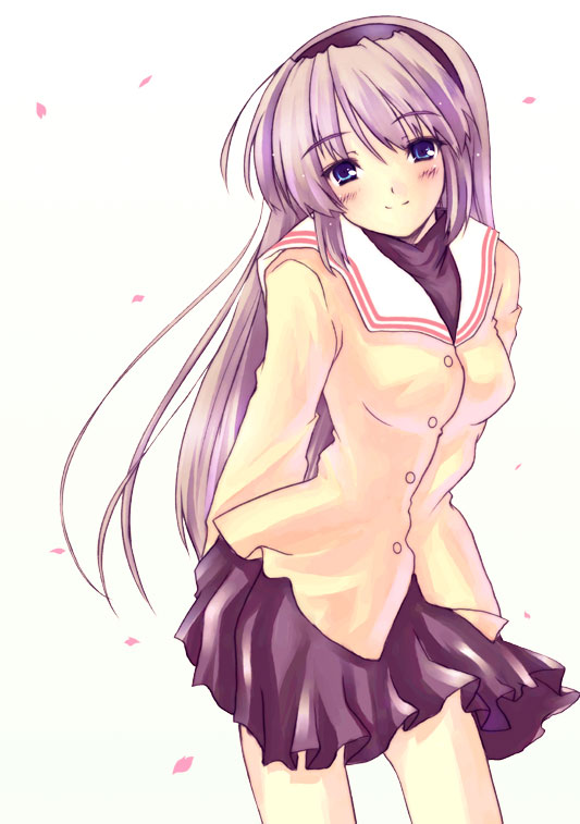 furai, sakagami tomoyo, clannad, 00s, blue eyes, blush, grey hair, long hair, school uniform, serafuku