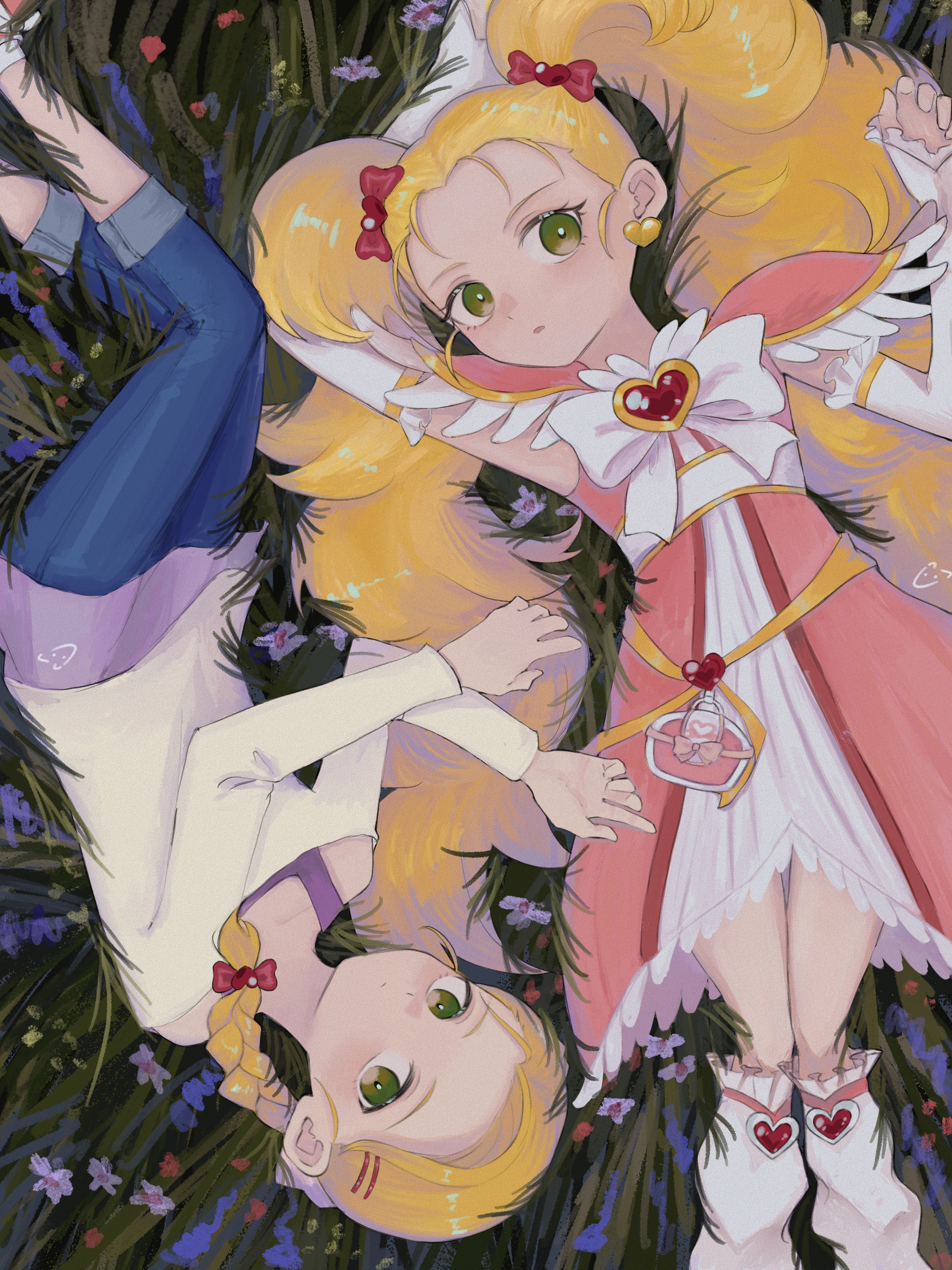 kujou hikari, shiny luminous, futari wa precure, futari wa precure max heart, precure, absurdres, commentary request, highres, partial commentary, 2girls, amoto kasora, arm up, bag bow, blonde hair, bow, bowtie, braid, brooch, capelet, closed mouth, denim, dress, dress ribbon, dual persona, earrings, elbow gloves, expressionless, feather-trimmed capelet, feet out of frame, film grain, fingerless gloves, flower, forehead, frilled gloves, frilled leg warmers, frills, from above, gloves, gold earrings, grass, green eyes, hair bow, hair ornament, hairclip, heart, heart brooch, heart earrings, jeans, jewelry, leg warmers, long hair, long sleeves, looking at viewer, lying, magical girl, medium hair, multiple girls, off-shoulder shirt, off shoulder, on back, on grass, pants, pants rolled up, parted lips, pink bow, pink capelet, pink dress, purple tank top, red bow, ribbon, shirt, side braid, single braid, sleeveless, sleeveless dress, tank top, twintails, two-tone bag, very long hair, white bow, white bowtie, white gloves, white shirt, yellow ribbon