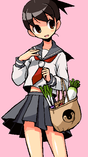 shirono, ookusa manami, sayonara zetsubou sensei, 00s, bag, brown eyes, brown hair, daikon, midriff, radish, school uniform, serafuku, shopping bag, short hair, solo, spring onion