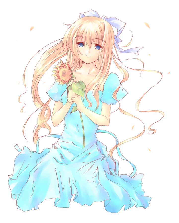 furai, kamio misuzu, air (visual novel), 00s, blonde hair, blue eyes, cutoffs, denim, denim shorts, flower, long hair, ribbon, shorts, solo, sunflower
