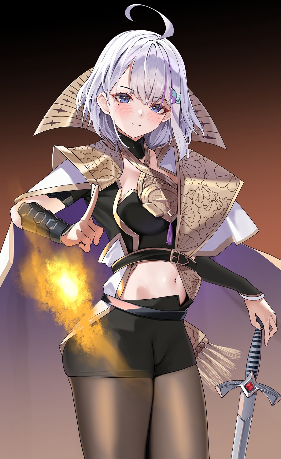matrix16, ember amane, female byleth (enlightened) (fire emblem), female byleth (fire emblem), female byleth (the fodlan light) (fire emblem), phase connect, highres, second-party source, 1girl, ahoge, belt, black belt, black shorts, cape, closed mouth, cosplay, female byleth (fire emblem) (cosplay), floral print, grey hair, hair ornament, holding, holding sword, holding weapon, mole, mole under eye, multicolored hair, navel, pantyhose, purple cape, purple eyes, purple hair, shorts, smile, solo, streaked hair, sword, tassel, two-sided cape, two-sided fabric, virtual youtuber, weapon, white cape