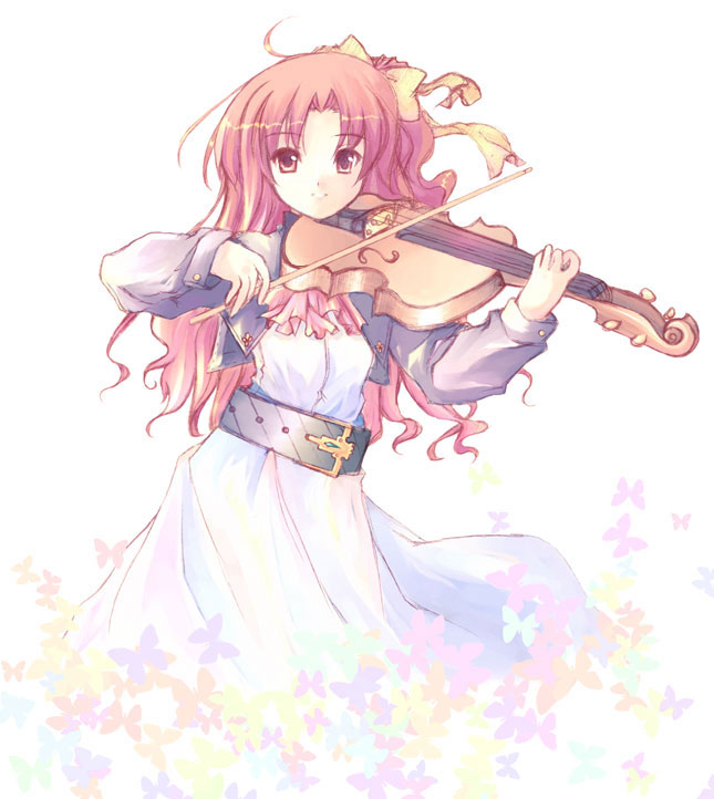 furai, 1girl, belt, bug, butterfly, cropped jacket, dress, female focus, flower, hair ribbon, insect, instrument, long hair, looking at viewer, music, one side up, parted bangs, playing instrument, red eyes, red hair, ribbon, smile, solo, violin, white background, yellow ribbon