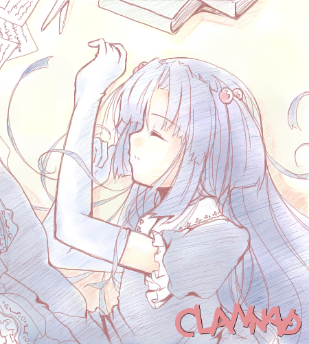 furai, ichinose kotomi, clannad, lowres, 00s, elbow gloves, gloves, oekaki, sleeping, solo
