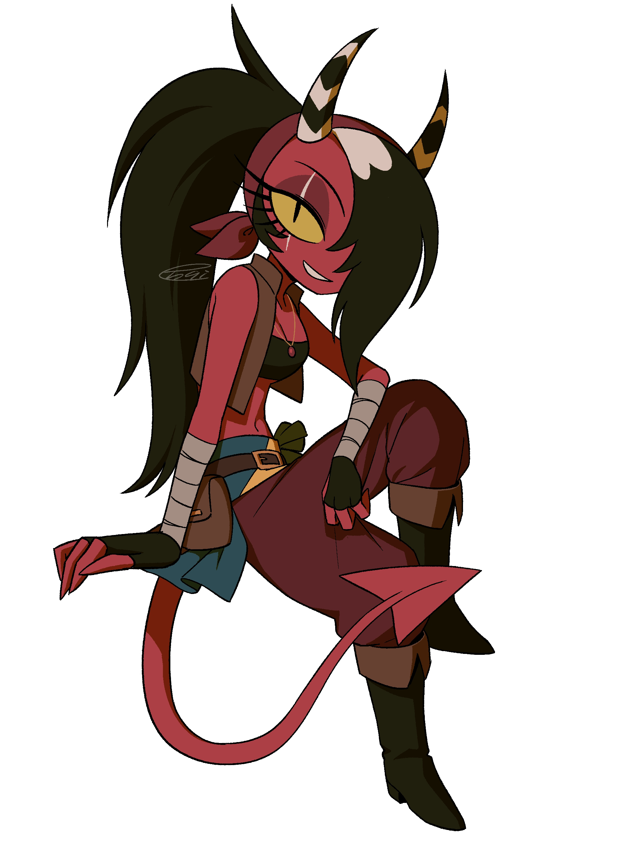 menma (enaic31), sallie may (helluva boss), hellaverse, helluva boss, absurdres, commentary request, highres, 1girl, :d, arm support, bandaged arm, bandages, bare shoulders, belt, black boots, black eyes, black gloves, black hair, black horns, black tube top, boots, breasts, brown bag, brown belt, brown jacket, cleavage, colored sclera, colored skin, cropped jacket, demon girl, demon horns, demon tail, elbow rest, fewer digits, fingerless gloves, full body, gloves, grin, hair over one eye, headscarf, high ponytail, horns, invisible chair, jacket, jewelry, knee boots, knee up, long hair, looking at viewer, multicolored hair, multicolored horns, necklace, one eye covered, open mouth, pants, ponytail, puffy pants, red headscarf, red pants, red skin, red tail, roots (hair), scar, scar across eye, scar on face, signature, simple background, sitting, sleeveless, sleeveless jacket, small breasts, smile, solo, strapless, striped horns, tail, tube top, two-tone hair, two-tone horns, upturned eyes, very long hair, white background, white hair, white horns, yellow sclera