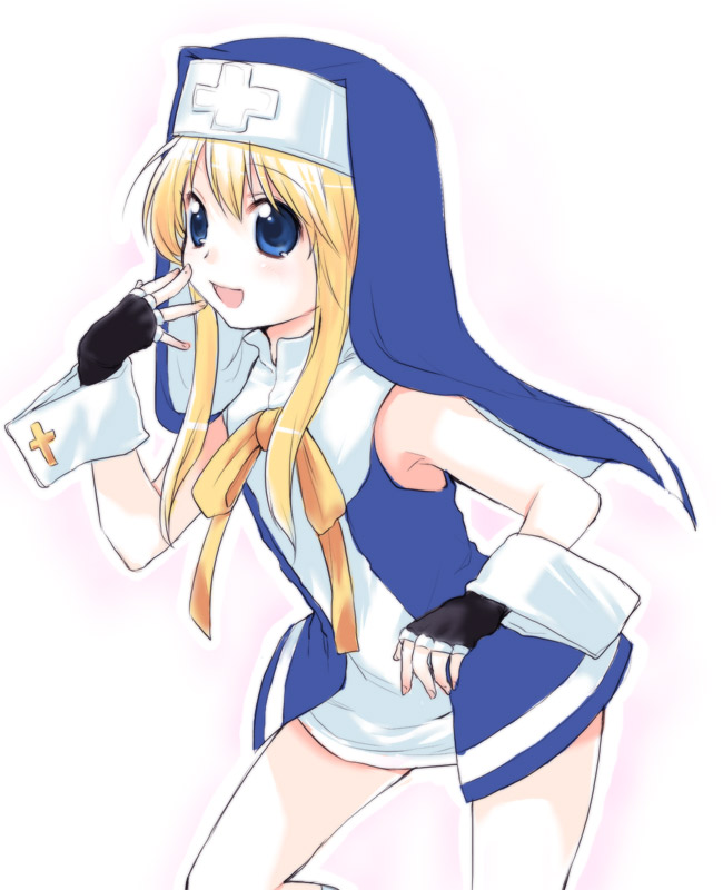 usashiro mani, bridget (guilty gear), arc system works, guilty gear, guilty gear xx, bad id, bad pixiv id, 1boy, black gloves, blonde hair, blue eyes, contrapposto, cowboy shot, dress, fingerless gloves, gloves, long hair, looking at viewer, male focus, open mouth, robe, sidelocks, simple background, solo, standing, trap, veil, very long hair, white background, white dress