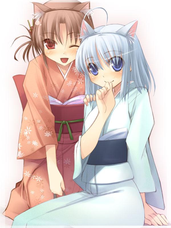 animal ears, blue hair, blush, brown hair, cat ears, japanese clothes, kimono