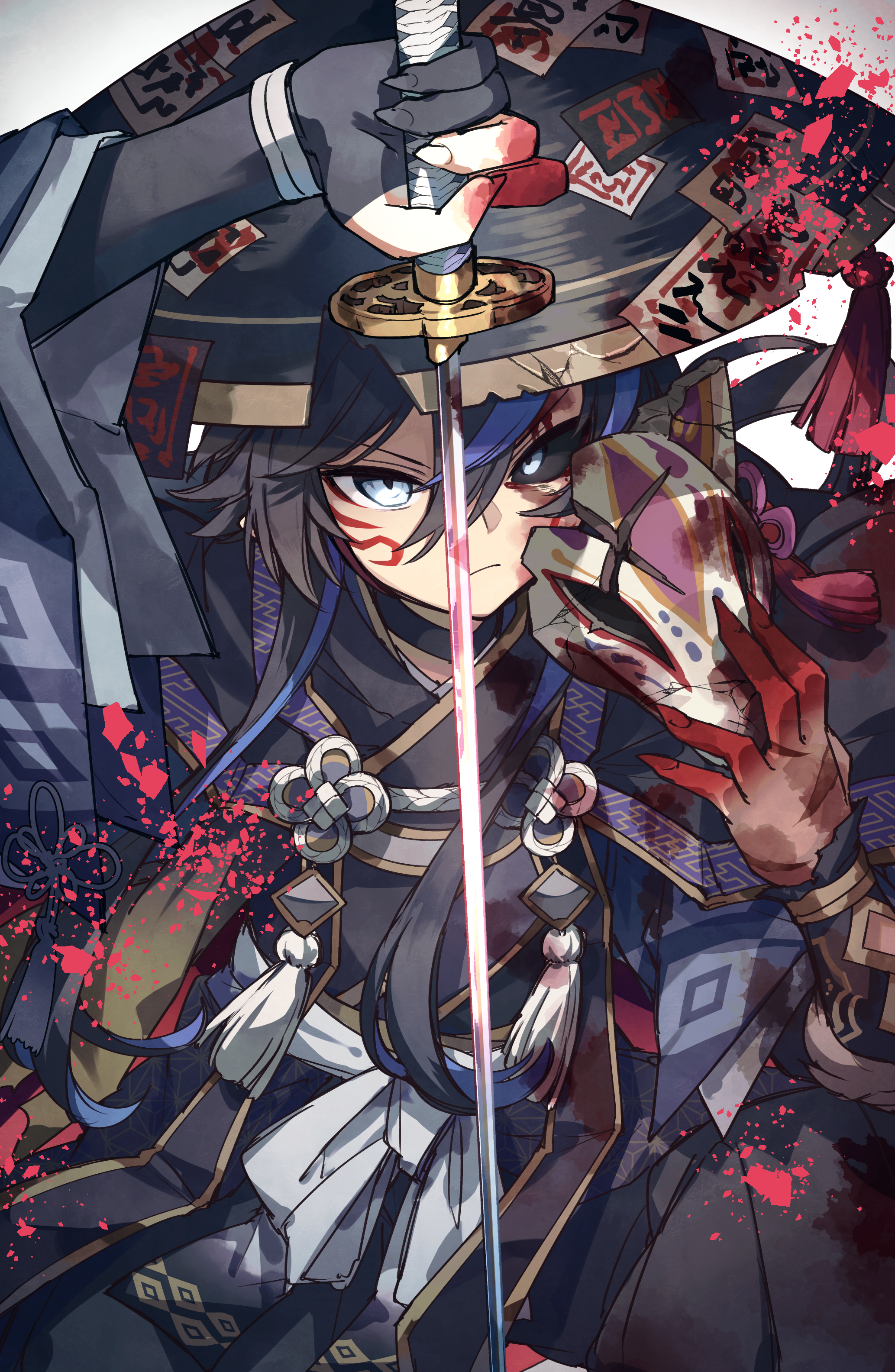 kuuron (moesann17), puzzle & dragons, absurdres, highres, 1boy, asa no ha (pattern), black sclera, blood, colored sclera, facial mark, fox mask, hair between eyes, hat, japanese clothes, jingasa, katana, kurotobi (p&d), male focus, mask, mismatched sclera, samurai, sayagata, solo, sword, tassel, weapon