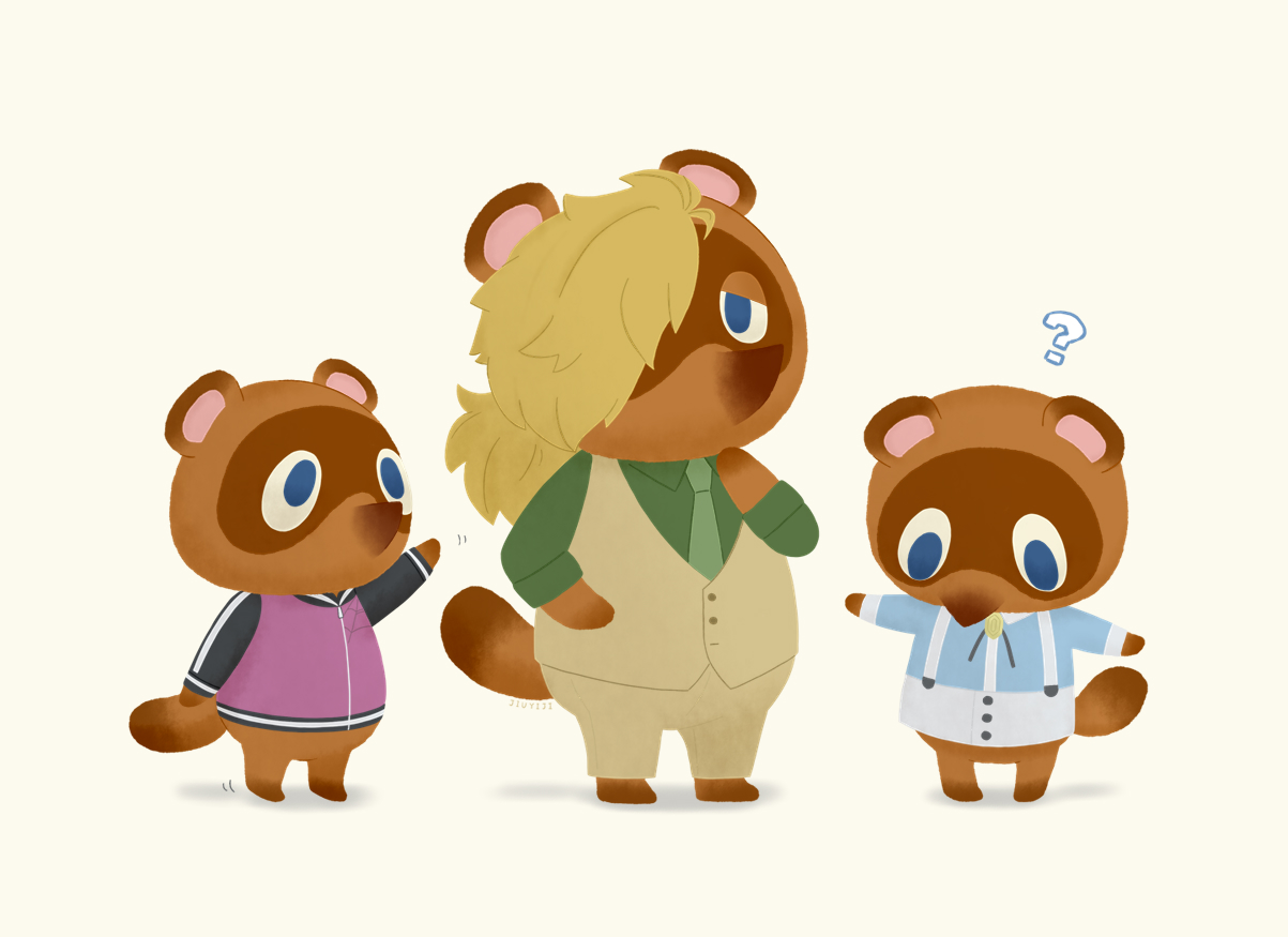 inugami kohachi, iwakiyamayukisatoshironanogojuurokushi akira, tademaru shiki, tom nook (animal crossing), animal crossing, kemono jihen, nintendo, 3boys, blonde hair, blue eyes, crossover, hair over one eye, jiuyiji11, multiple boys, tanuki