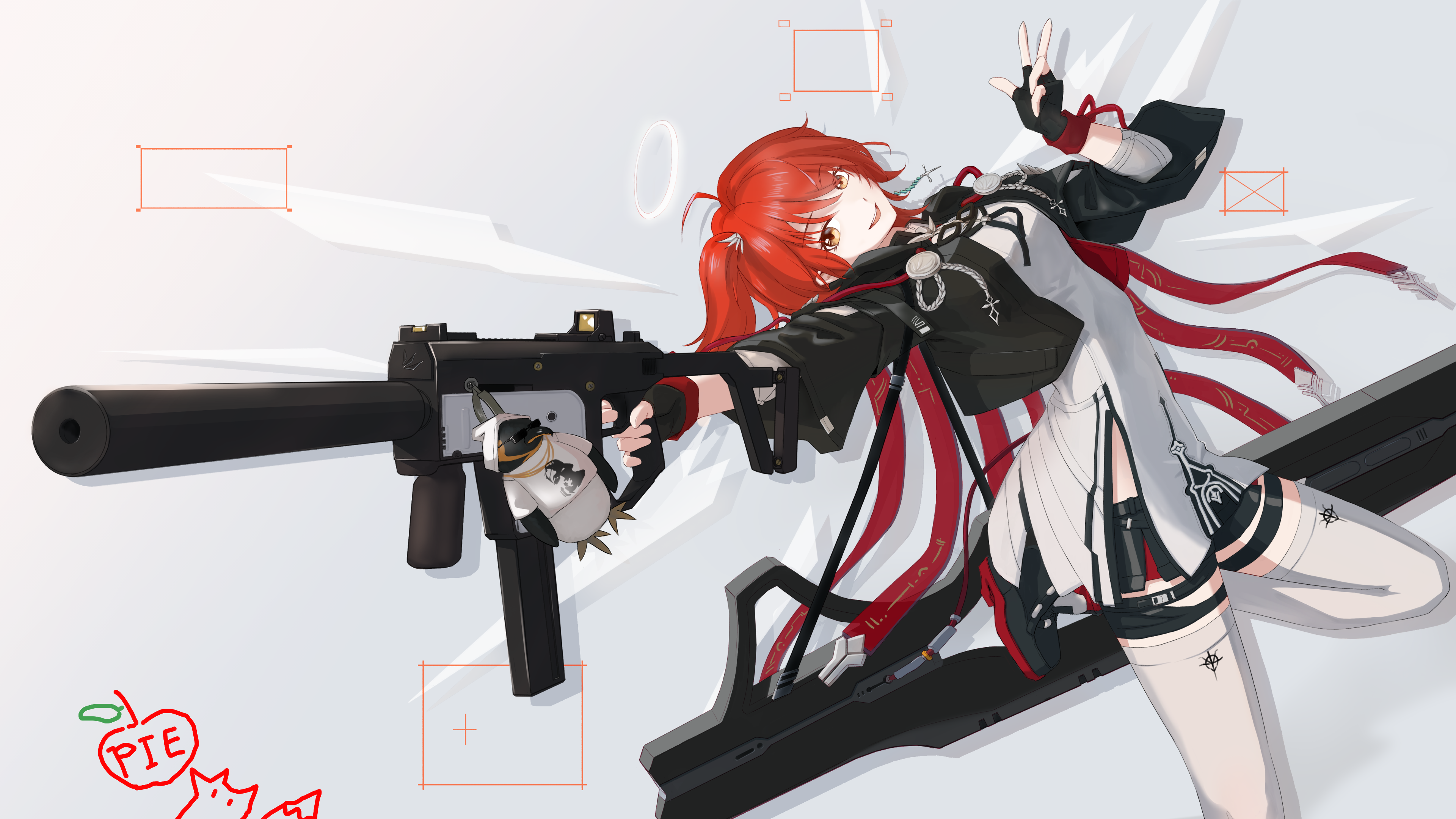 emperor (arknights), exusiai (arknights), exusiai the new covenant (arknights), arknights, absurdres, commentary request, highres, 1girl, bird, black gloves, character doll, cropped jacket, cross, cross earrings, detached wings, doll, earrings, energy wings, feet out of frame, fingerless gloves, foxlapine, gloves, gun, halo, jacket, jewelry, kriss vector, looking at viewer, one side up, open mouth, penguin, red hair, smile, solo, submachine gun, teeth, thighhighs, three-finger salute, traditional halo, upper teeth only, weapon, white halo, white thighhighs, wings