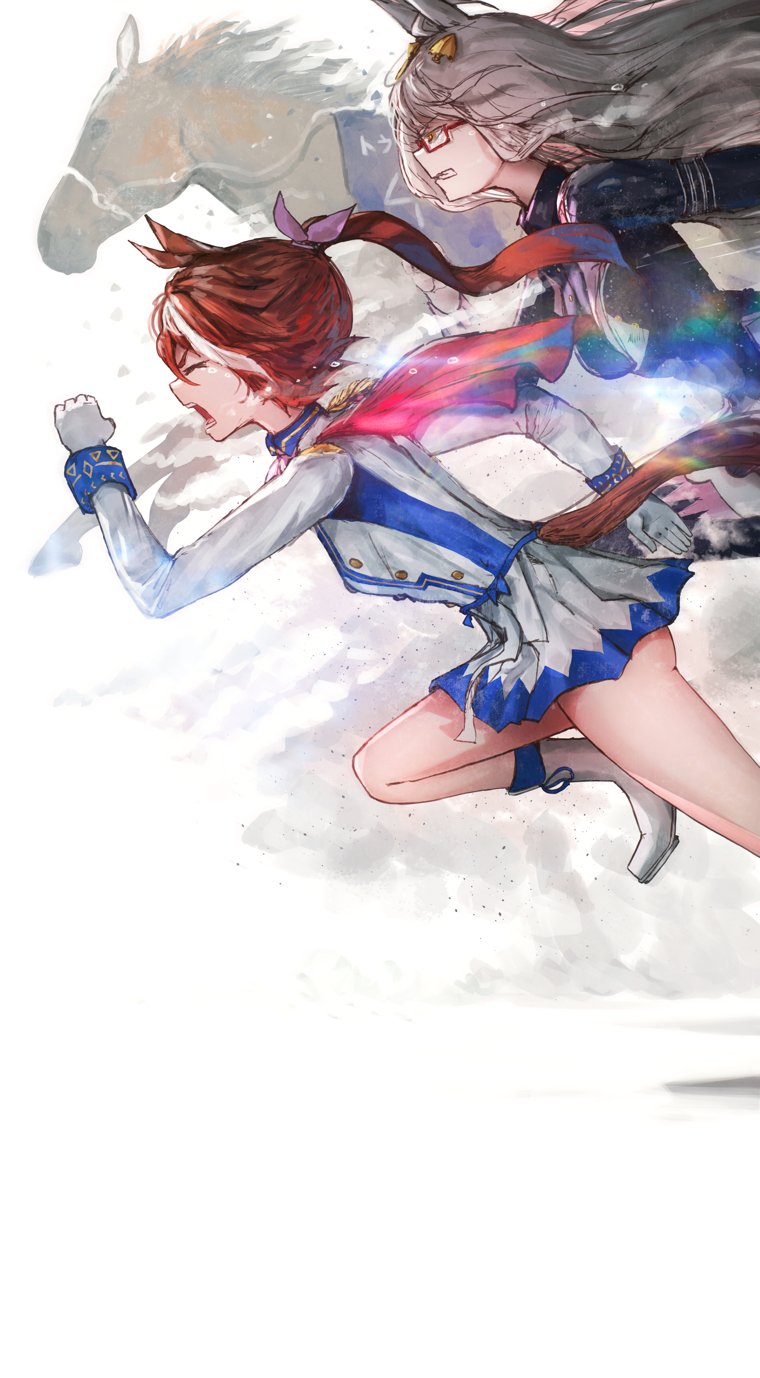 advarcher, biwa hayahide (umamusume), tokai teio (umamusume), umamusume, absurdres, highres, animal ears, black jacket, boots, brown hair, cape, clenched teeth, closed eyes, crying, epaulettes, from side, glasses, gloves, grey hair, hair ribbon, horse, horse ears, horse girl, horse tail, jacket, multicolored hair, open mouth, pleated skirt, ponytail, purple ribbon, red cape, ribbon, running, side cape, skirt, tail, teeth, two-tone hair, white boots, white gloves, white hair, white jacket, white skirt, yellow eyes